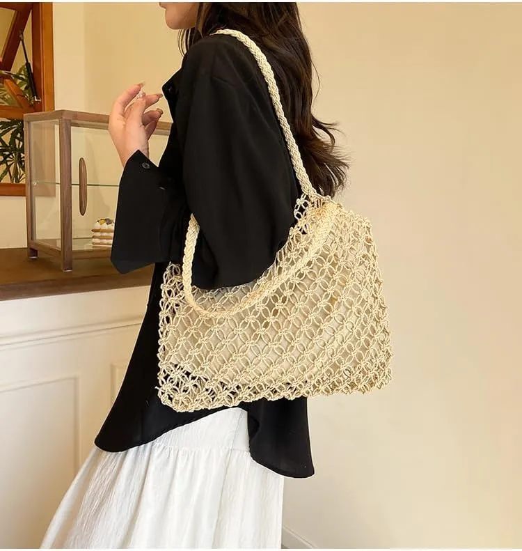 Summer Woven Straw Tote Bag Women - Versatile Braided Shoulder Handbag Mesh Design Beach Vacation Casual Essential