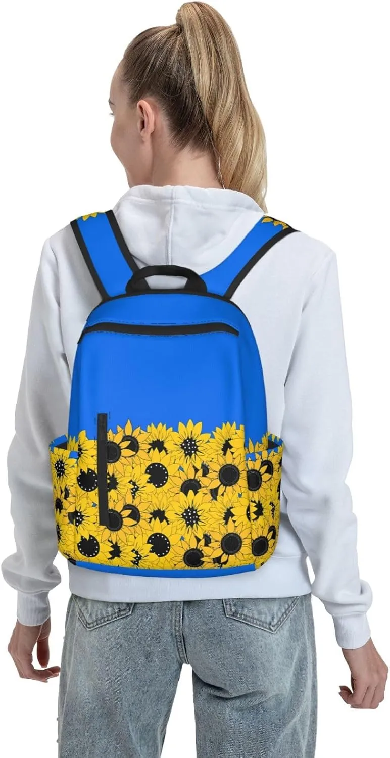 Sunflowers and Blue Ukraine Flag Travel Backpacks Casual Laptop Backpack Sport Rucksack Large Capacity Daypack Multi-Pockets Adjustable Strap Bag for Working Hiking
