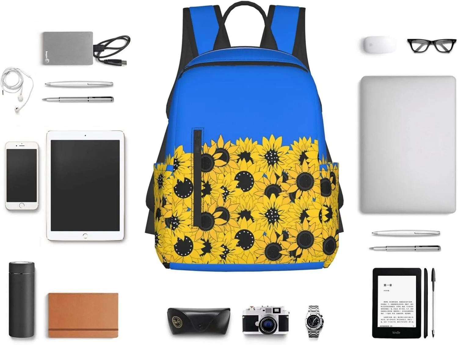 Sunflowers and Blue Ukraine Flag Travel Backpacks Casual Laptop Backpack Sport Rucksack Large Capacity Daypack Multi-Pockets Adjustable Strap Bag for Working Hiking