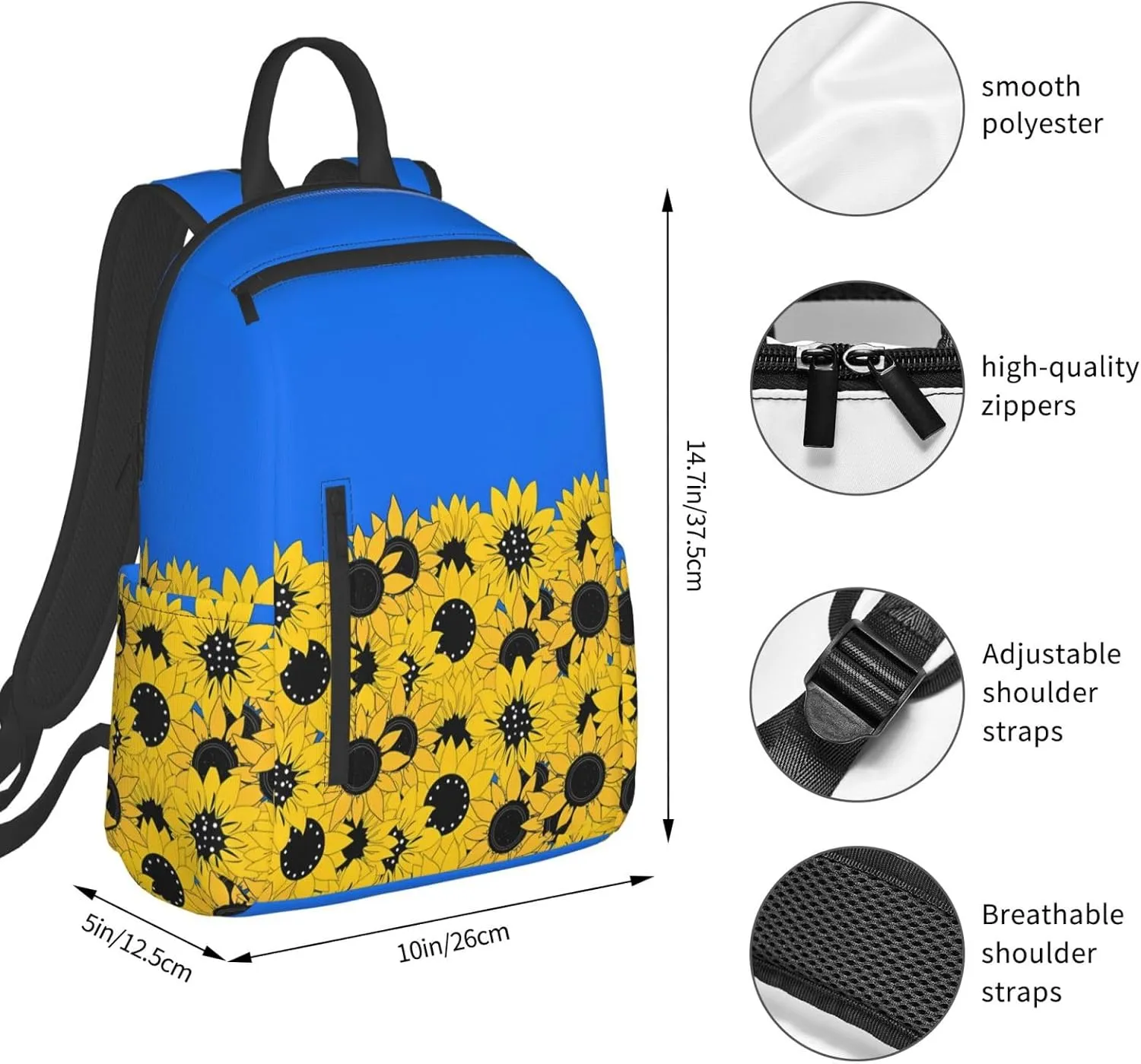 Sunflowers and Blue Ukraine Flag Travel Backpacks Casual Laptop Backpack Sport Rucksack Large Capacity Daypack Multi-Pockets Adjustable Strap Bag for Working Hiking