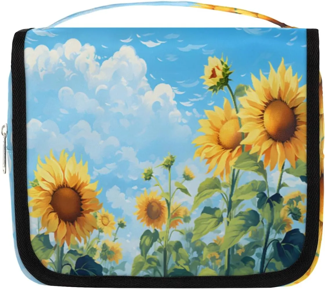 Sunflowers Floral Hanging Travel Toiletry Bag Kit Makeup Case Cosmetics Organizer Field Sunflower Toiletry Bag for Women Make up Accessories Shampoo Body Cream Brushes Set