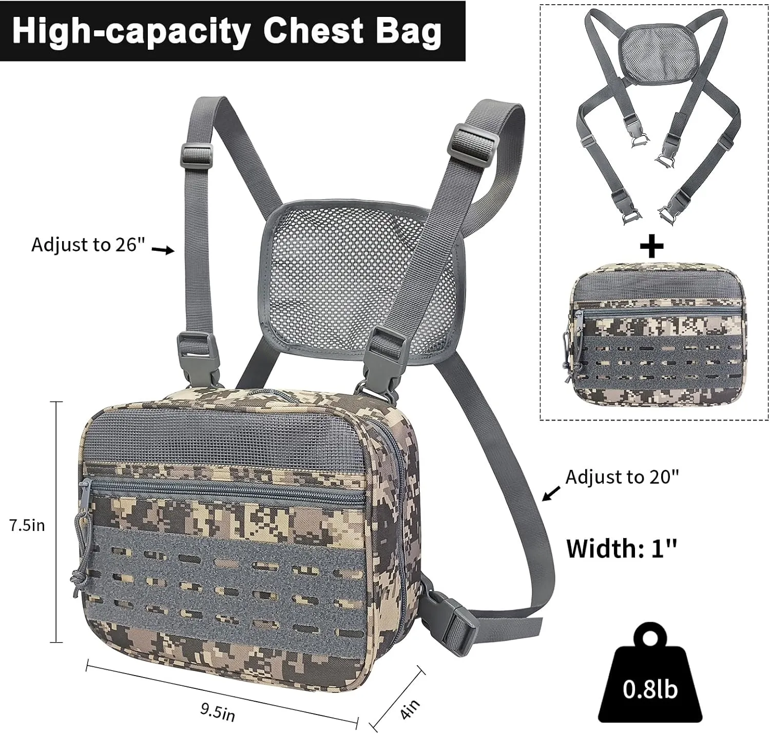 SUNRISING Tactical Chest Rig Bag Modular Tool Bag Tactical Molle Management Bag Detachable Magazine Pouches Plate with Strap Large Capacity Men's Chest Bag for Hunting Running Fly Fishing