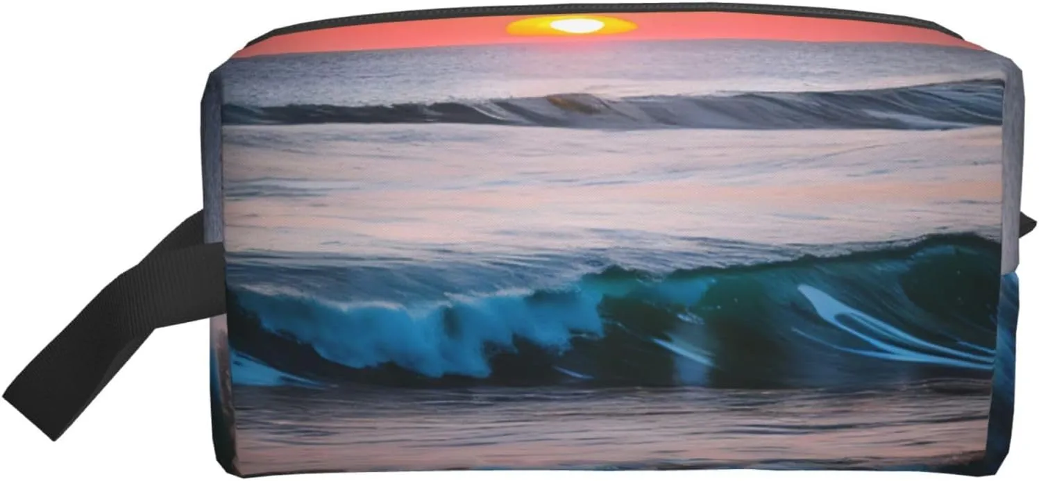 Sunset and Sunrise with Ocean Sea Waves Print Travel Essentials Storage Bag Cosmetic Organizer Pouch Large Capacity Zippered