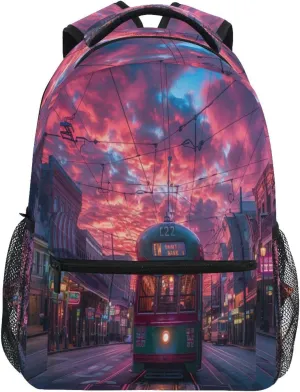 Sunset Streetcar Pattern Backpacks for Boys Girls, Large Elementary School Bookbag with Name Tag -12x16.9x5.9in