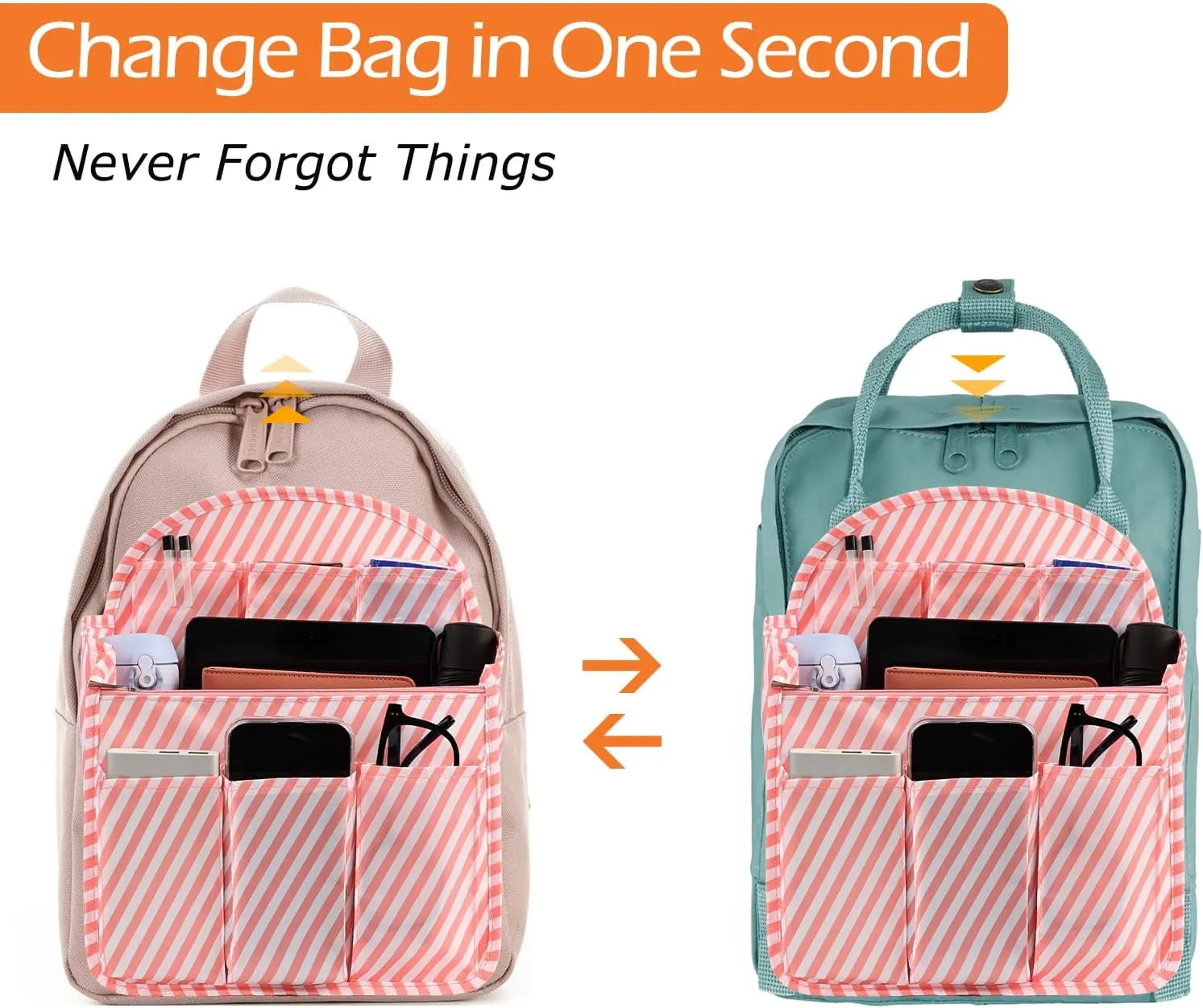 Surblue Backpack Organizer Insert Liner Hanging Travel Rucksack Purse and Handbag Insert Pocket, High-capacity Divider Foldable Nylon Shoulder Bag Organizer for Men and Women, (Pink, L)
