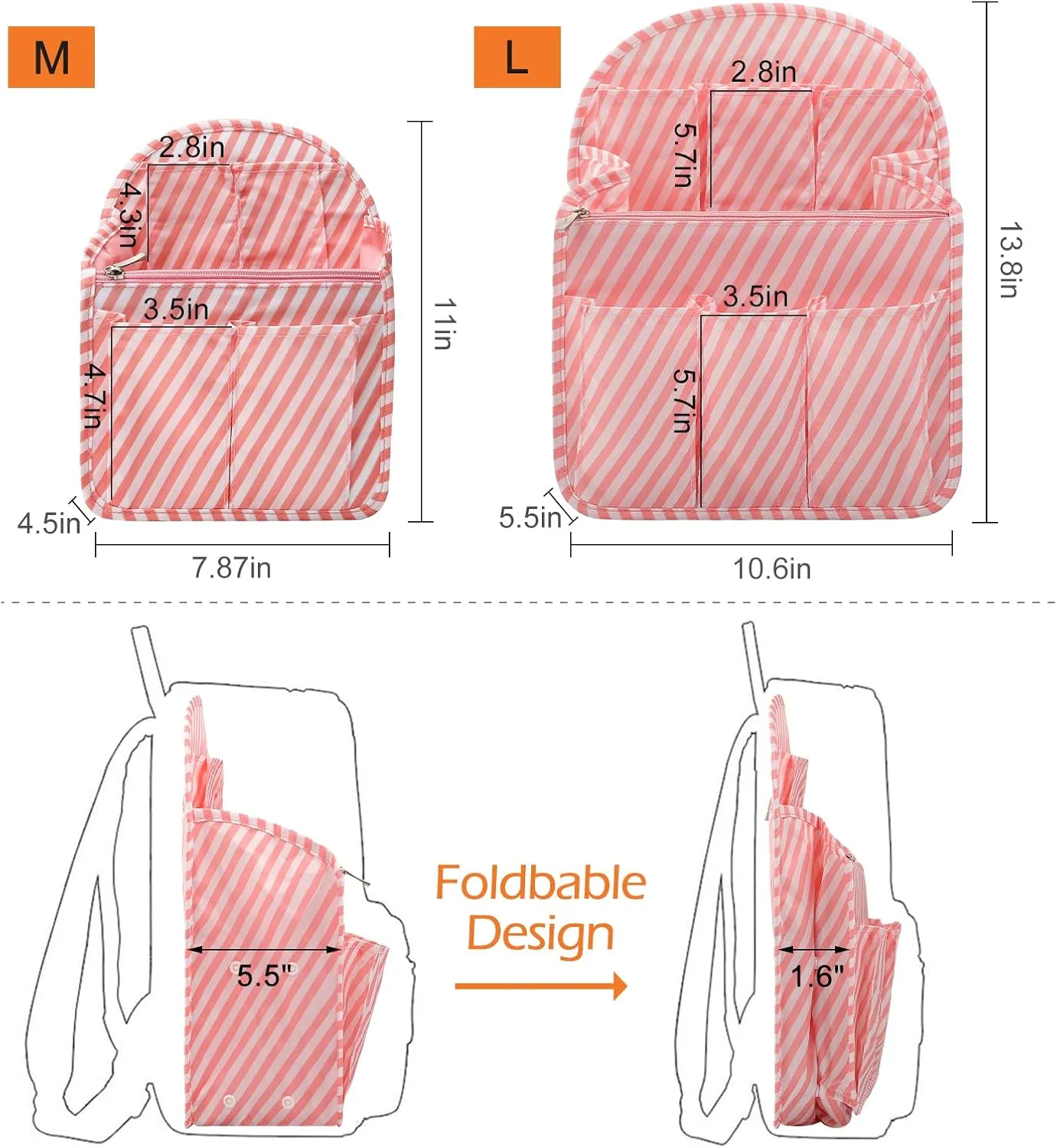 Surblue Backpack Organizer Insert Liner Hanging Travel Rucksack Purse and Handbag Insert Pocket, High-capacity Divider Foldable Nylon Shoulder Bag Organizer for Men and Women, (Pink, L)