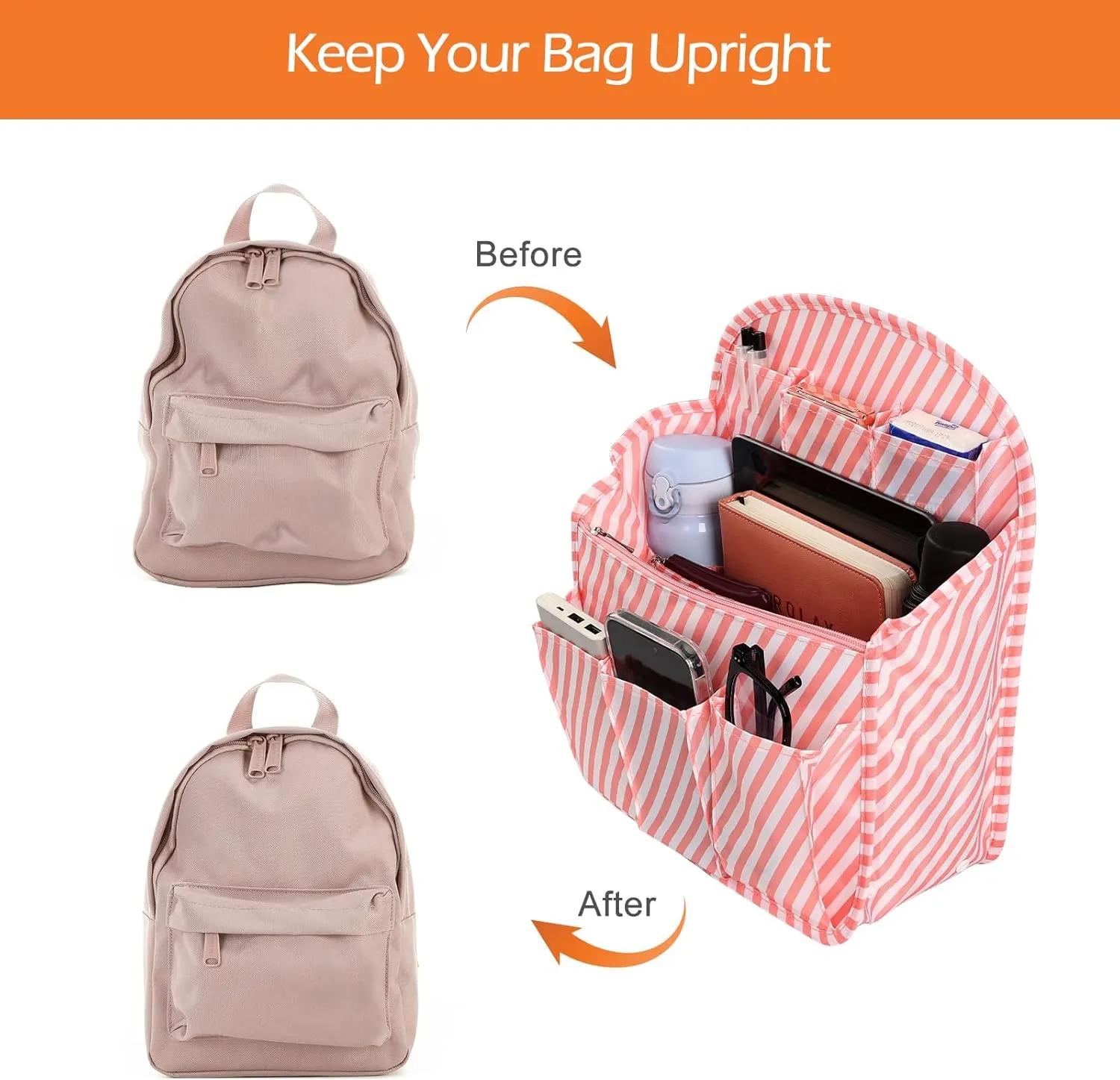 Surblue Backpack Organizer Insert Liner Hanging Travel Rucksack Purse and Handbag Insert Pocket, High-capacity Divider Foldable Nylon Shoulder Bag Organizer for Men and Women, (Pink, L)