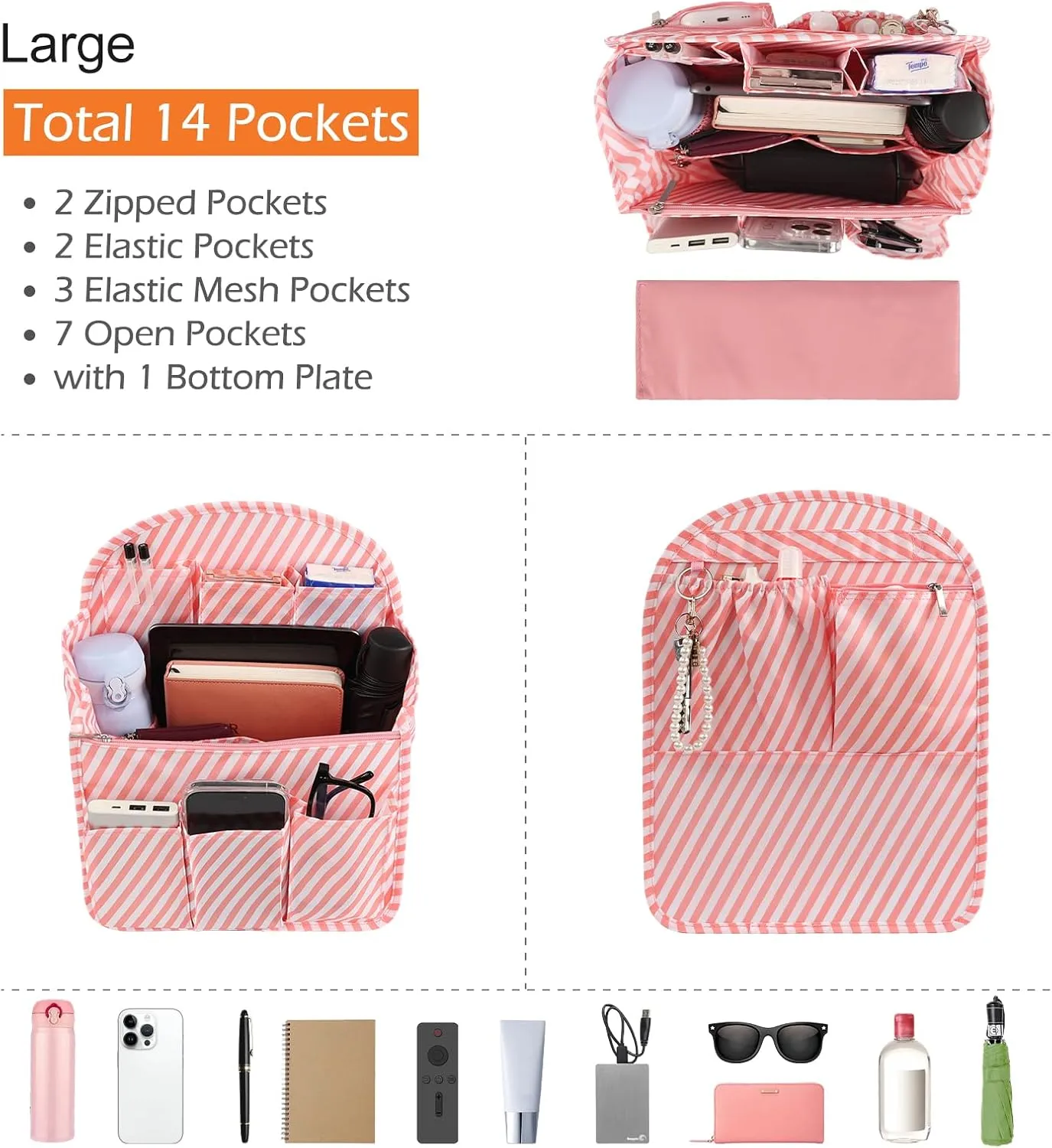 Surblue Backpack Organizer Insert Liner Hanging Travel Rucksack Purse and Handbag Insert Pocket, High-capacity Divider Foldable Nylon Shoulder Bag Organizer for Men and Women, (Pink, L)