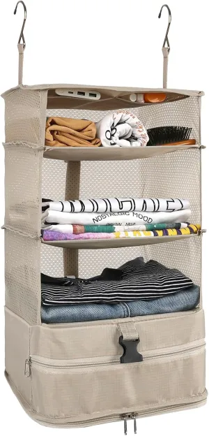 Surblue Hanging Closet Storage Bag Collapsible 3-Shelf Washable Oxford Fabric with 2 Hooks (L 11.41 * 11.41 * 19.68in, Beige)