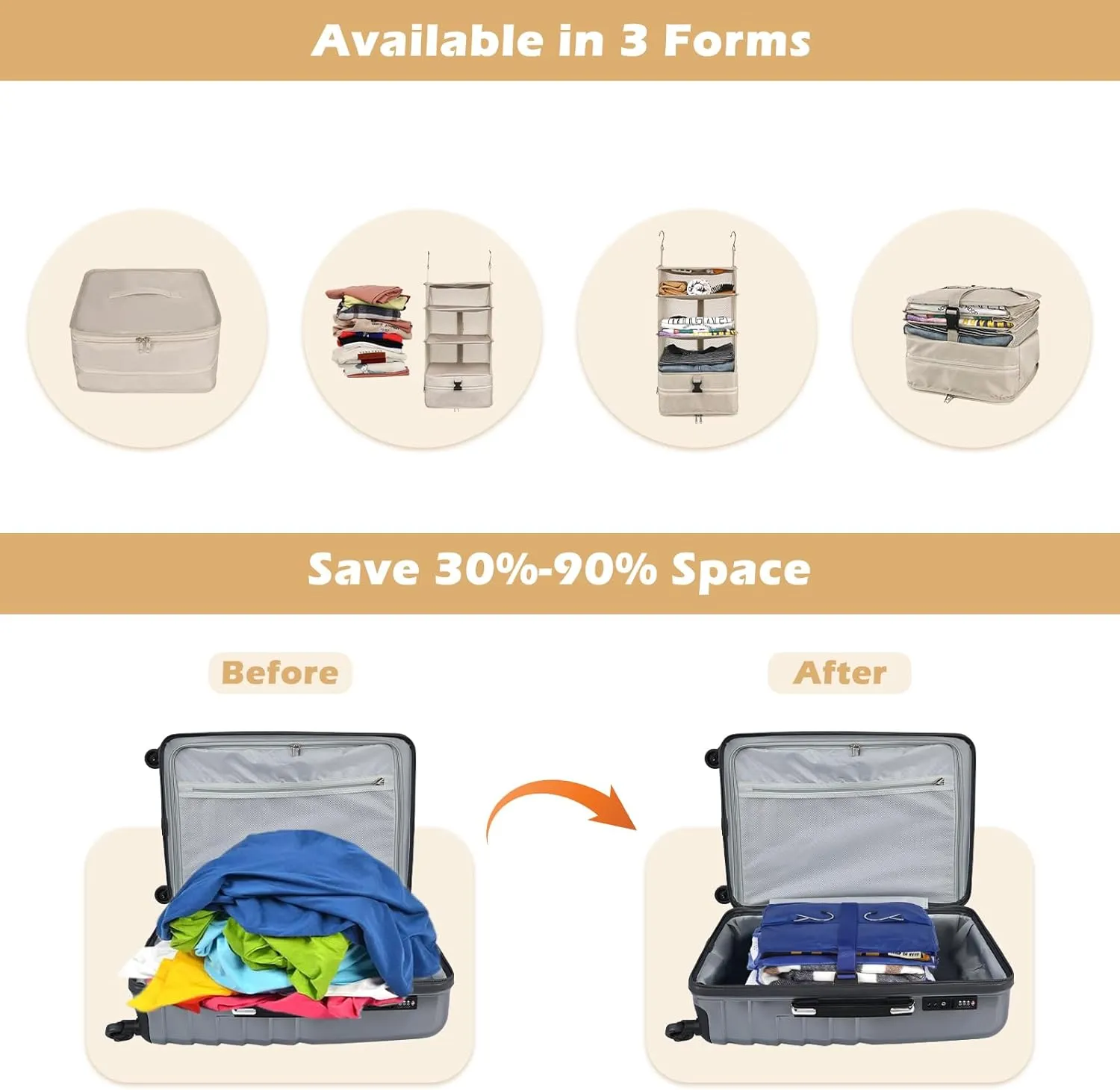 Surblue Hanging Closet Storage Bag Collapsible 3-Shelf Washable Oxford Fabric with 2 Hooks (L 11.41 * 11.41 * 19.68in, Beige)