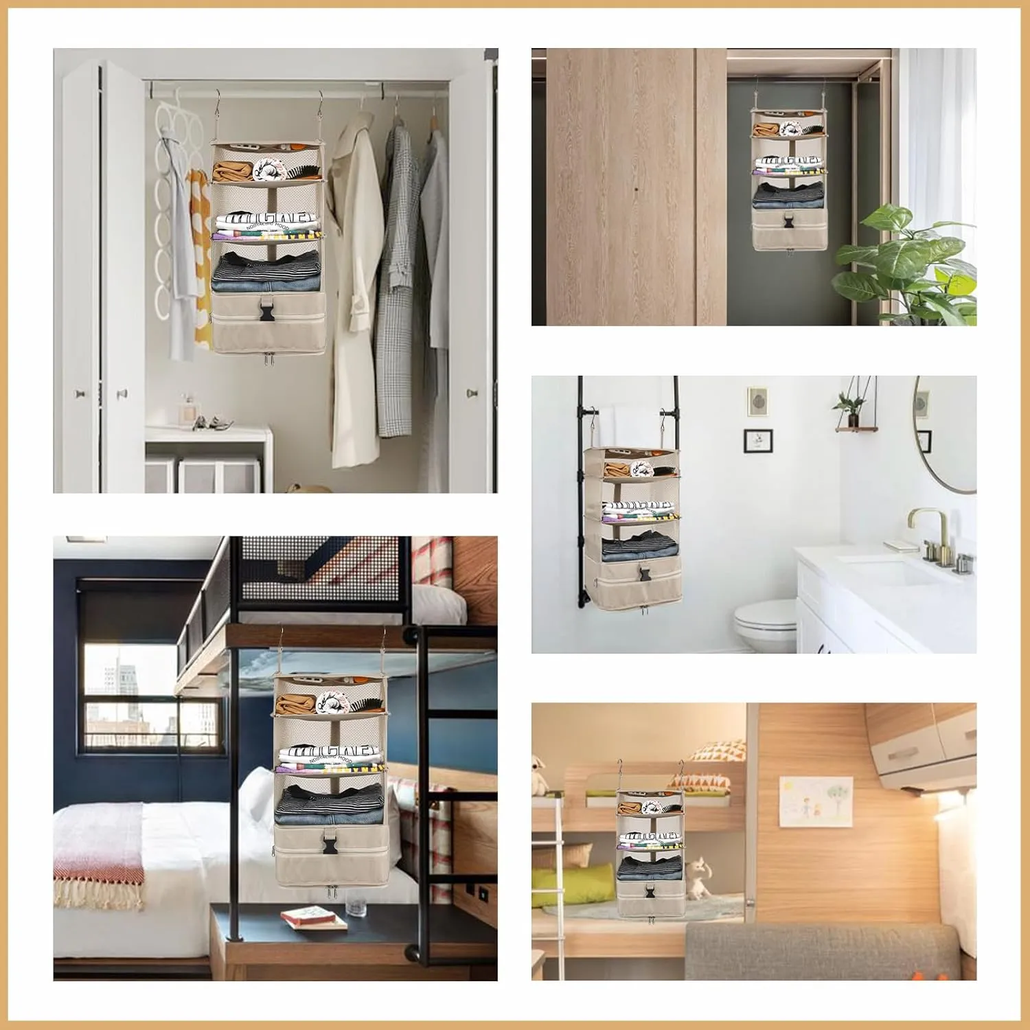 Surblue Hanging Closet Storage Bag Collapsible 3-Shelf Washable Oxford Fabric with 2 Hooks (L 11.41 * 11.41 * 19.68in, Beige)