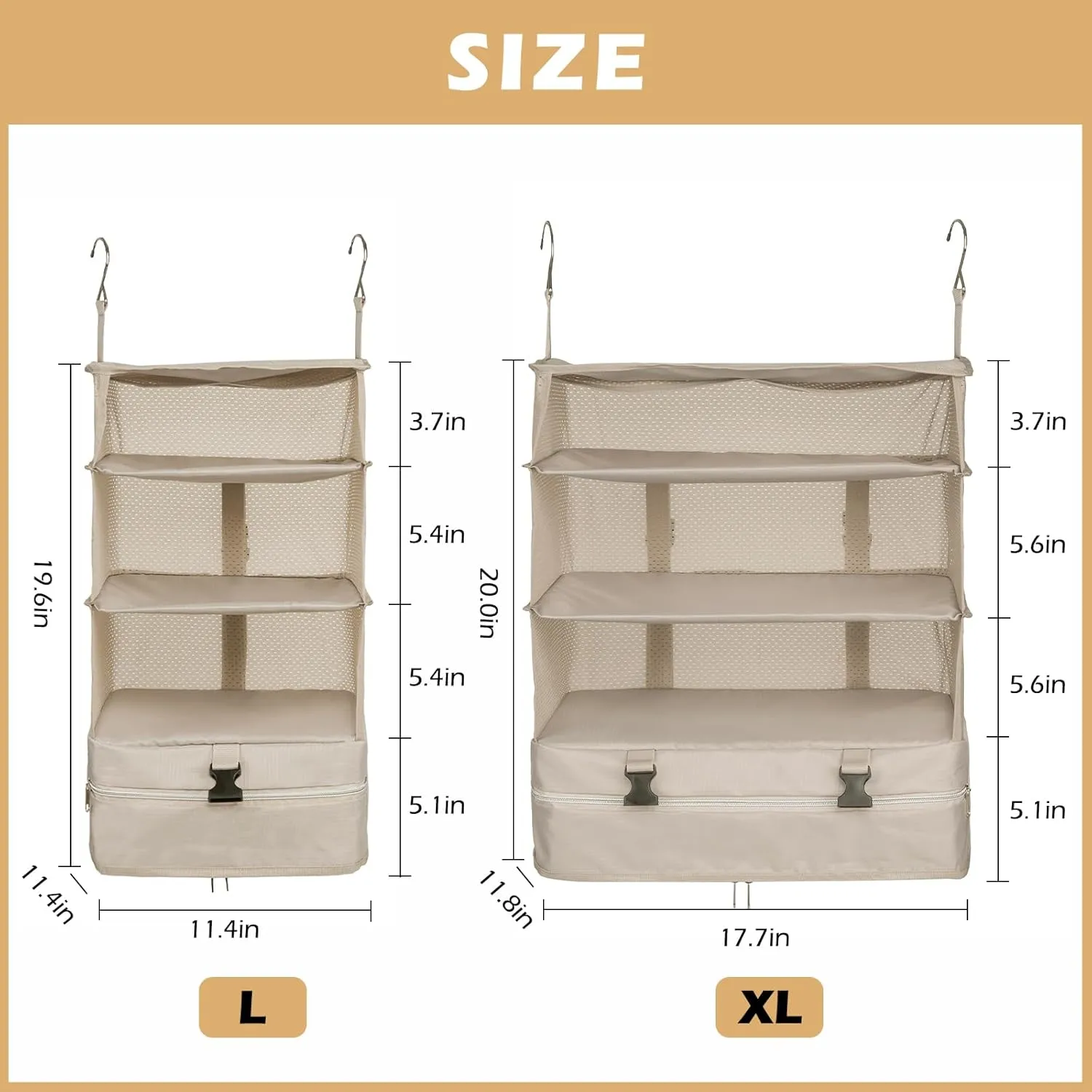 Surblue Hanging Closet Storage Bag Collapsible 3-Shelf Washable Oxford Fabric with 2 Hooks (L 11.41 * 11.41 * 19.68in, Beige)