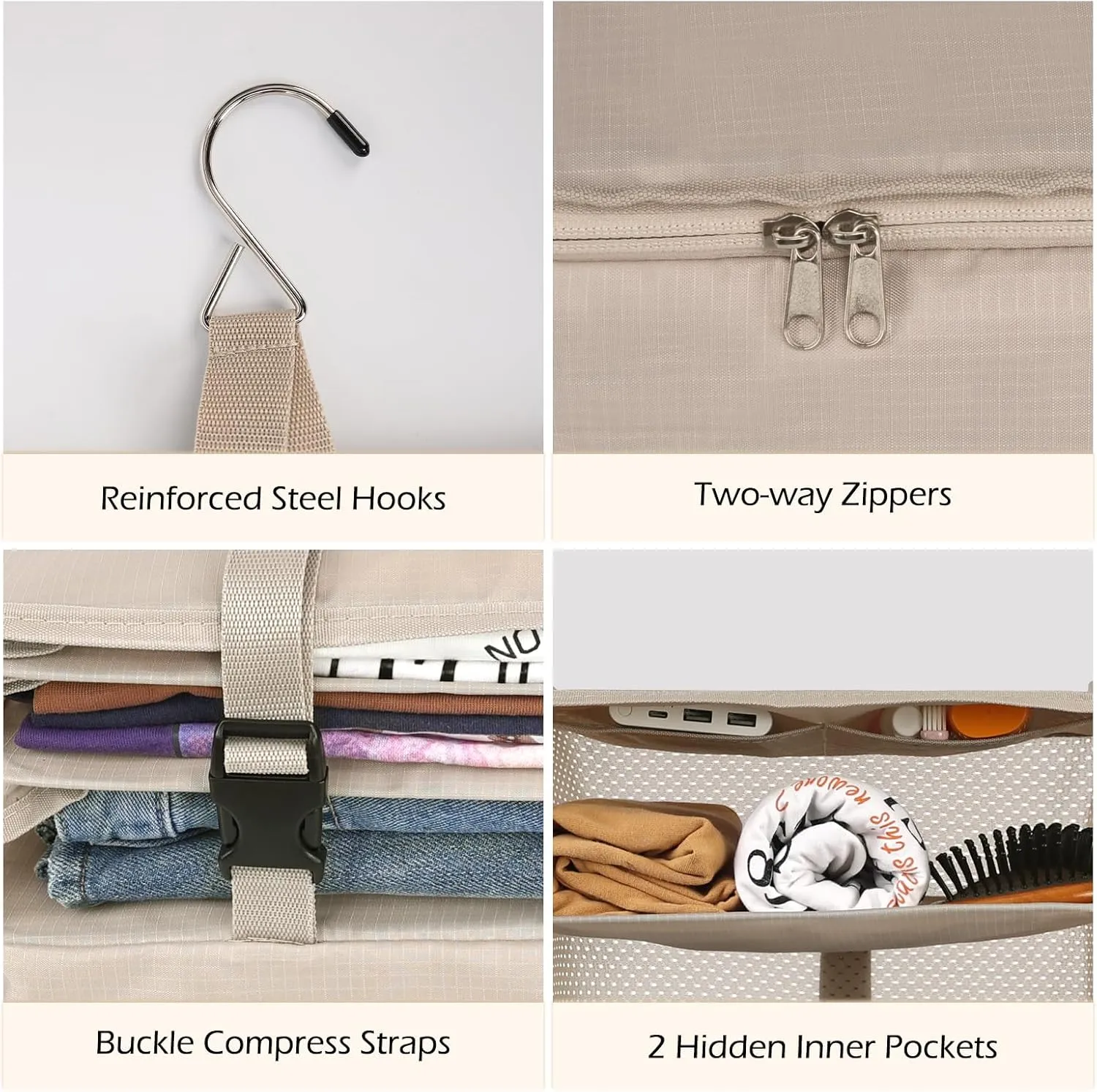Surblue Hanging Closet Storage Bag Collapsible 3-Shelf Washable Oxford Fabric with 2 Hooks (L 11.41 * 11.41 * 19.68in, Beige)