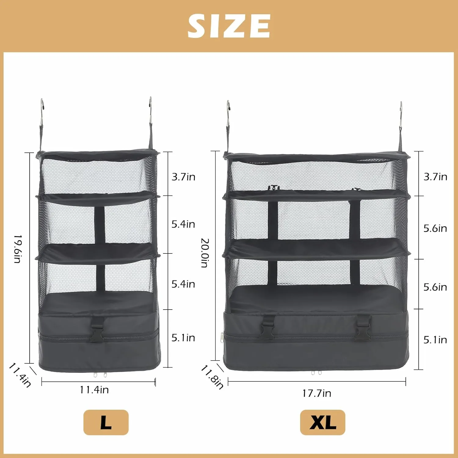 Surblue Hanging Closet Storage Bag Collapsible 3-Shelf Washable Oxford Fabric with 2 Hooks (XL 17.71 * 11.81 * 20in, Grey)