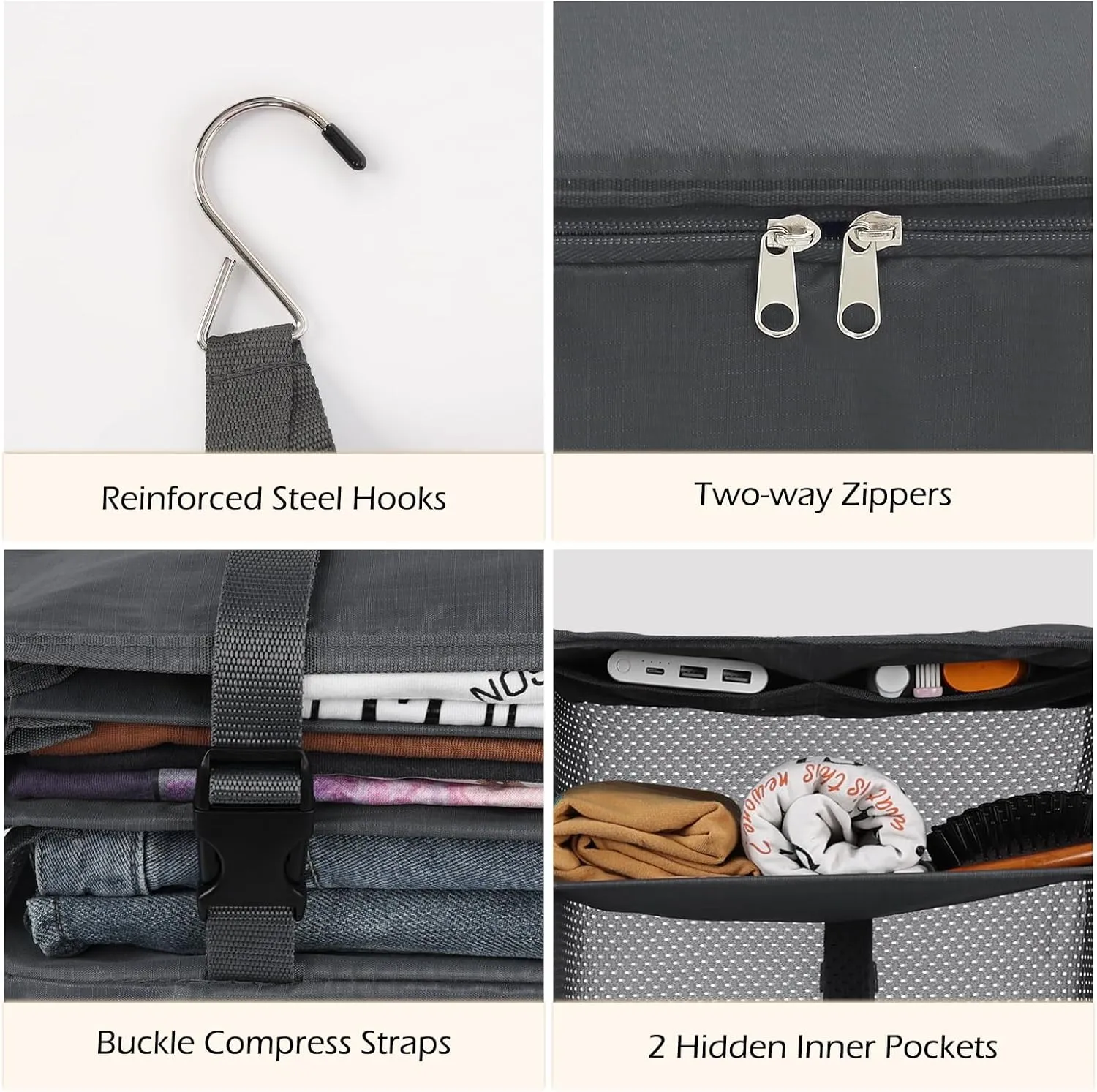 Surblue Hanging Closet Storage Bag Collapsible 3-Shelf Washable Oxford Fabric with 2 Hooks (XL 17.71 * 11.81 * 20in, Grey)