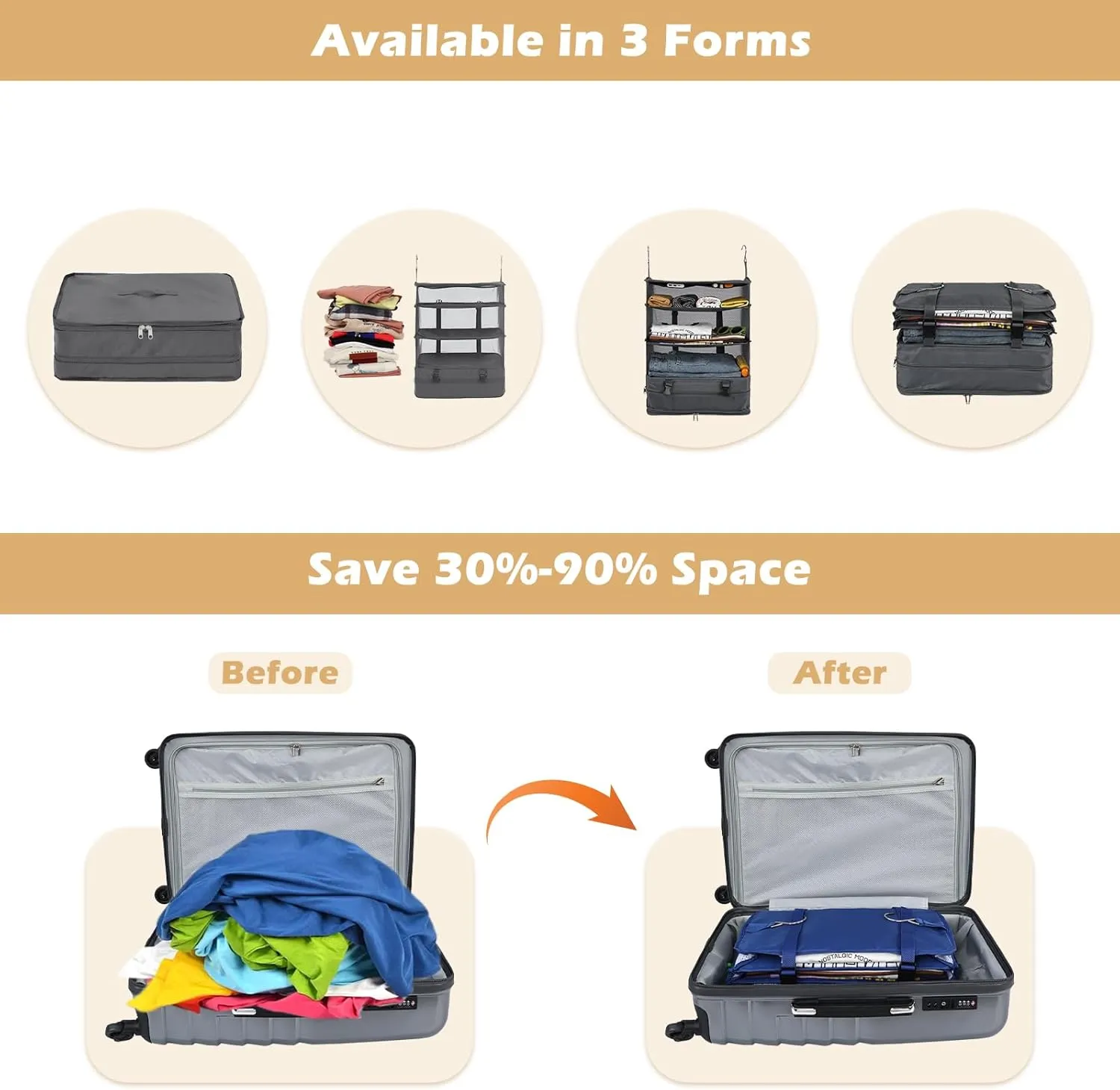 Surblue Hanging Closet Storage Bag Collapsible 3-Shelf Washable Oxford Fabric with 2 Hooks (XL 17.71 * 11.81 * 20in, Grey)