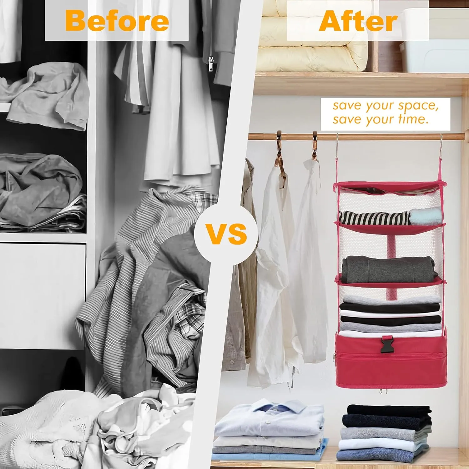Surblue Hanging Closet Storage Bag Collapsible 3-Shelf Washable Oxford Fabric with 2 Hooks (XL 17.71 * 11.81 * 20in, Grey)