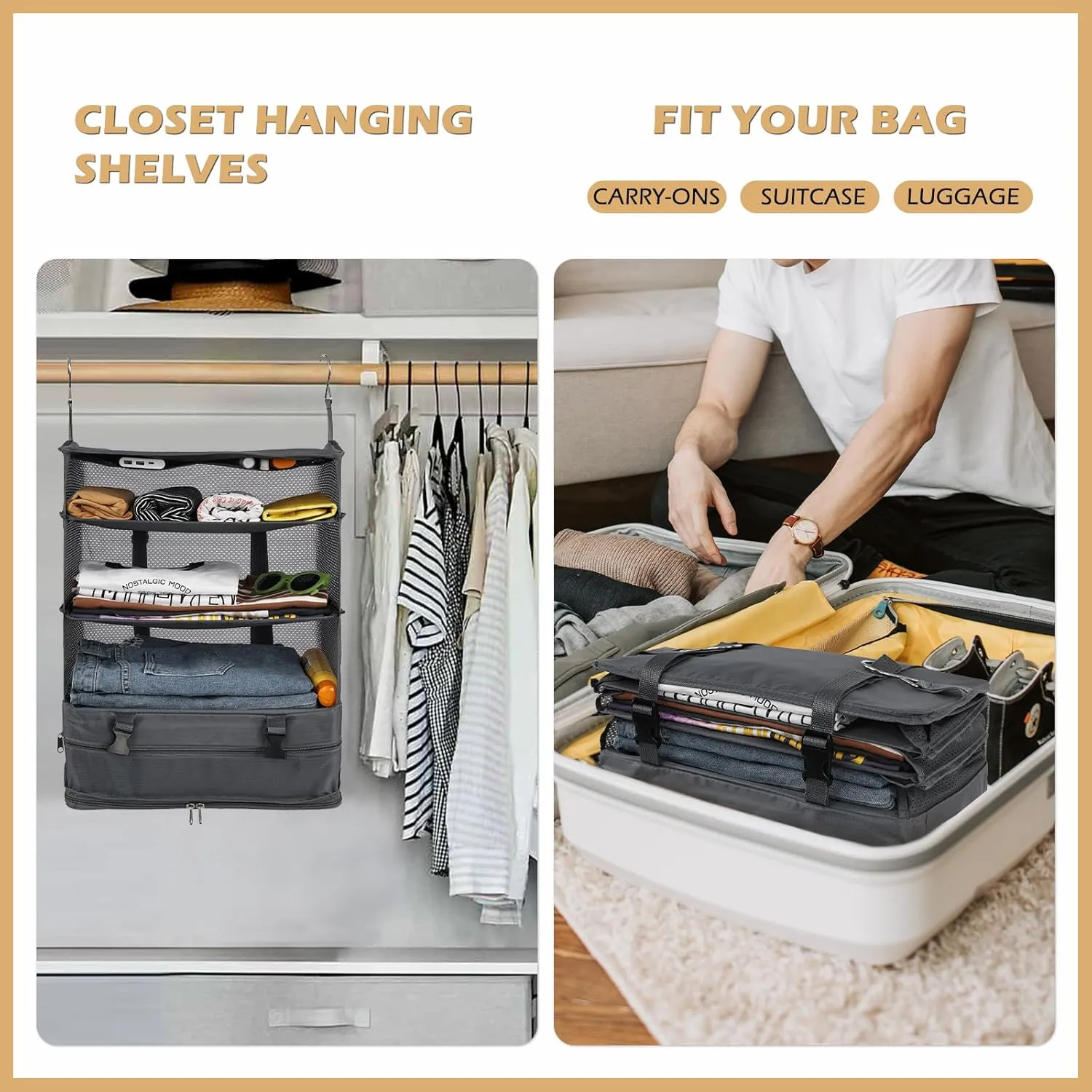 Surblue Hanging Closet Storage Bag Collapsible 3-Shelf Washable Oxford Fabric with 2 Hooks (XL 17.71 * 11.81 * 20in, Grey)