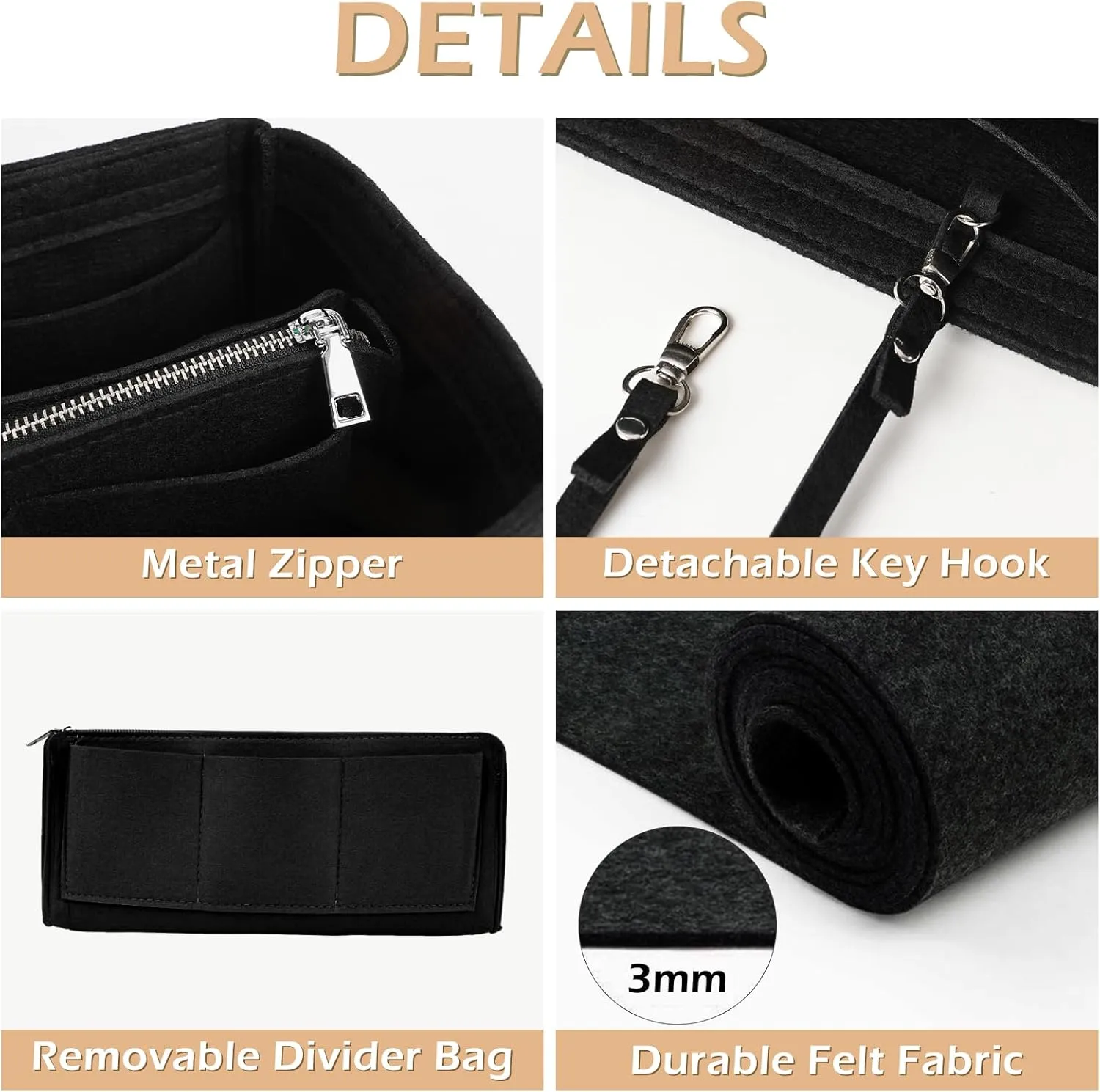 Surblue Purse Organizer Insert for Handbags, Felt Bag Organizer, Tote Bag Organizer, Tote Shaper Insert With Zippers, Thicken and Portable Handbag in Bag for Speedy Neverfull PM MM, (Black, S)