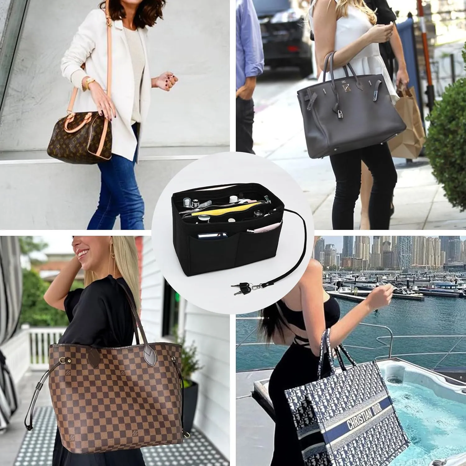 Surblue Purse Organizer Insert for Handbags, Felt Bag Organizer, Tote Bag Organizer, Tote Shaper Insert With Zippers, Thicken and Portable Handbag in Bag for Speedy Neverfull PM MM, (Black, S)