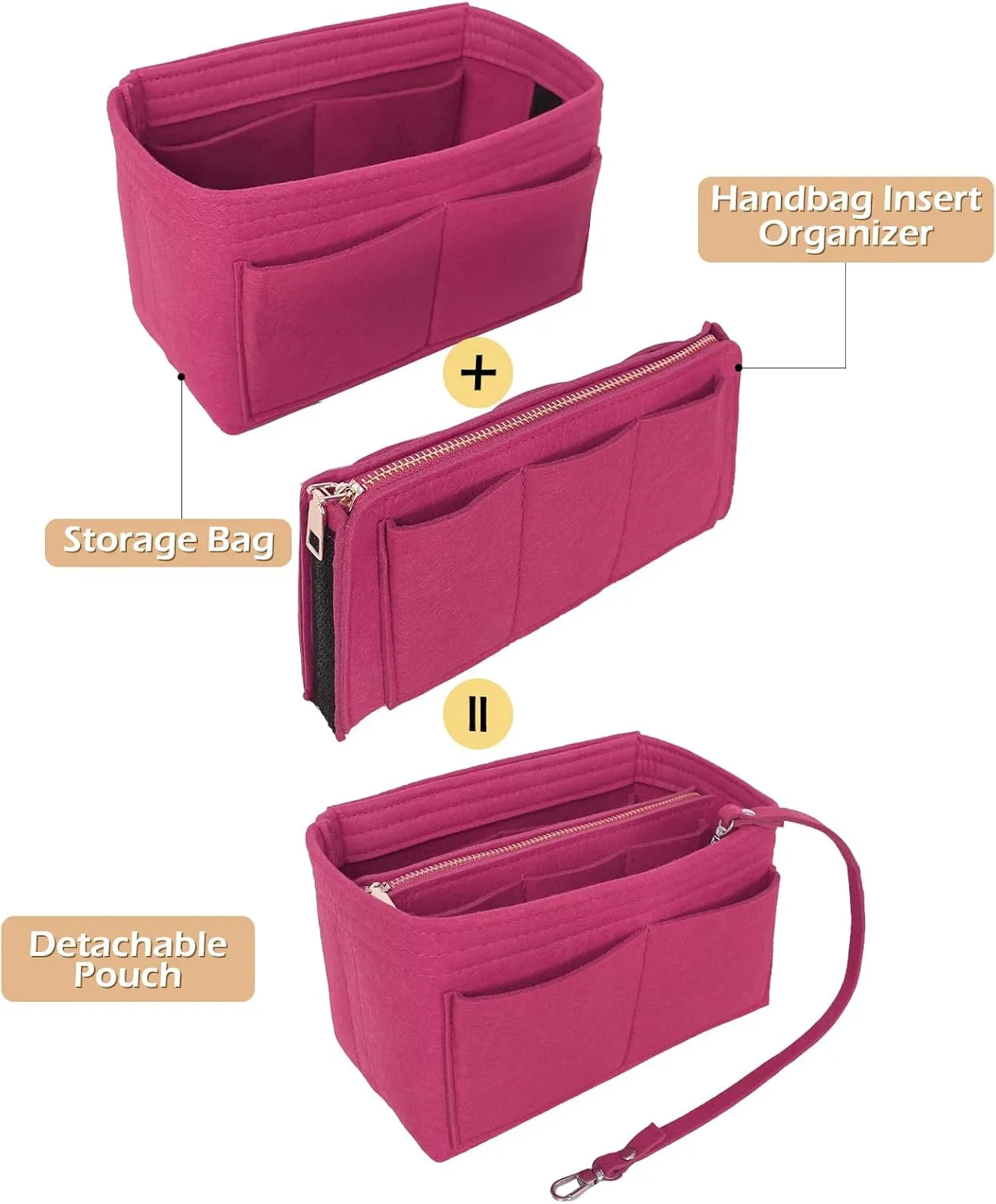 Surblue Purse Organizer Insert for Handbags, Felt Bag Organizer, Tote Bag Organizer, Tote Shaper Insert With Zippers, Thicken and Portable Handbag in Bag for Speedy Neverfull PM MM, (Rose, S)