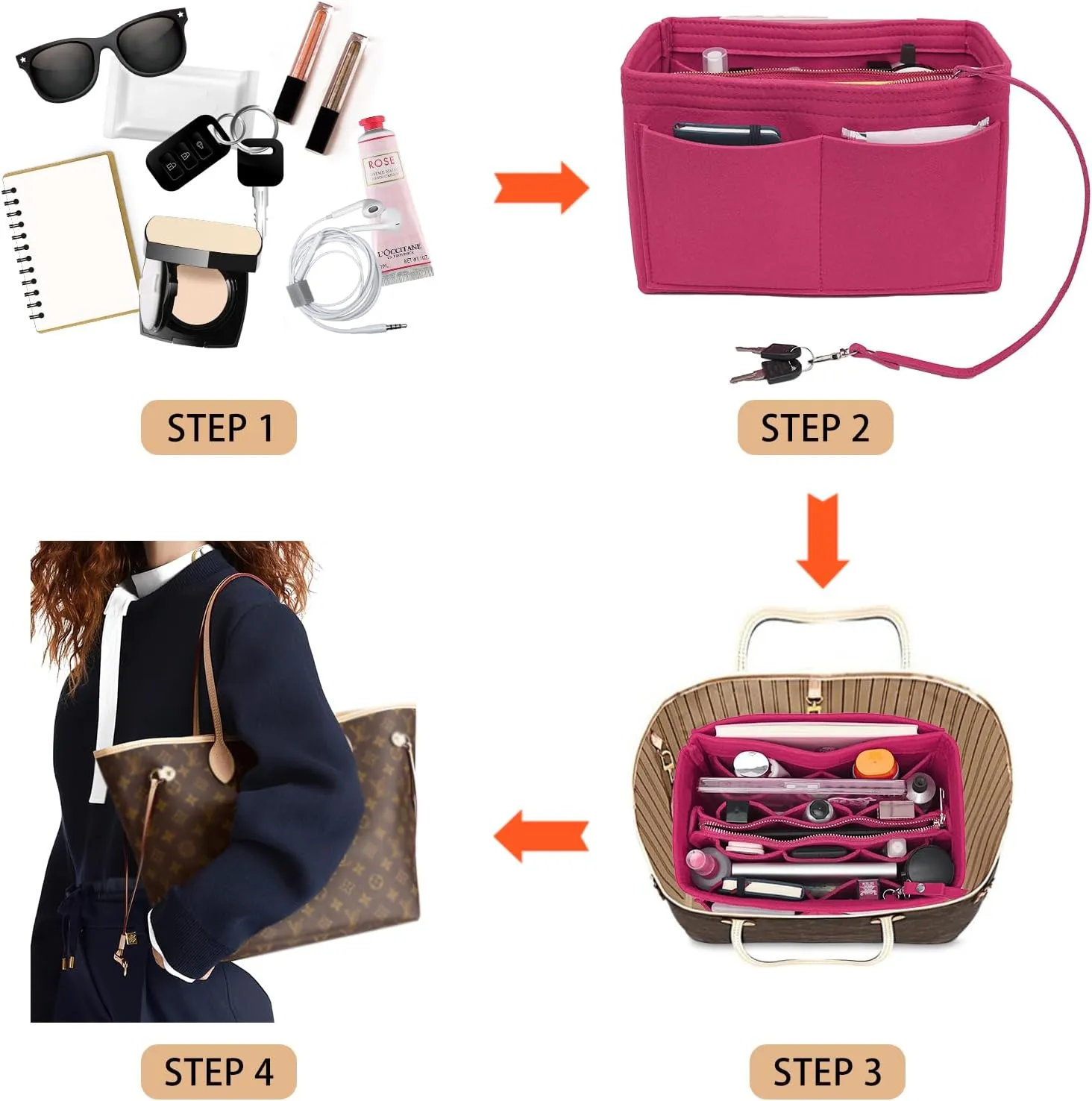 Surblue Purse Organizer Insert for Handbags, Felt Bag Organizer, Tote Bag Organizer, Tote Shaper Insert With Zippers, Thicken and Portable Handbag in Bag for Speedy Neverfull PM MM, (Rose, S)