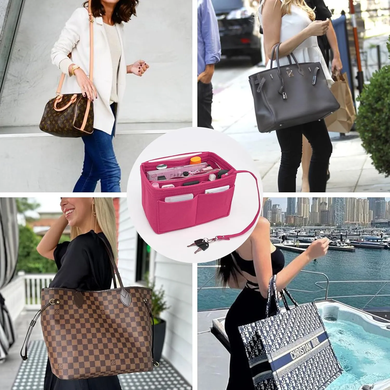 Surblue Purse Organizer Insert for Handbags, Felt Bag Organizer, Tote Bag Organizer, Tote Shaper Insert With Zippers, Thicken and Portable Handbag in Bag for Speedy Neverfull PM MM, (Rose, S)