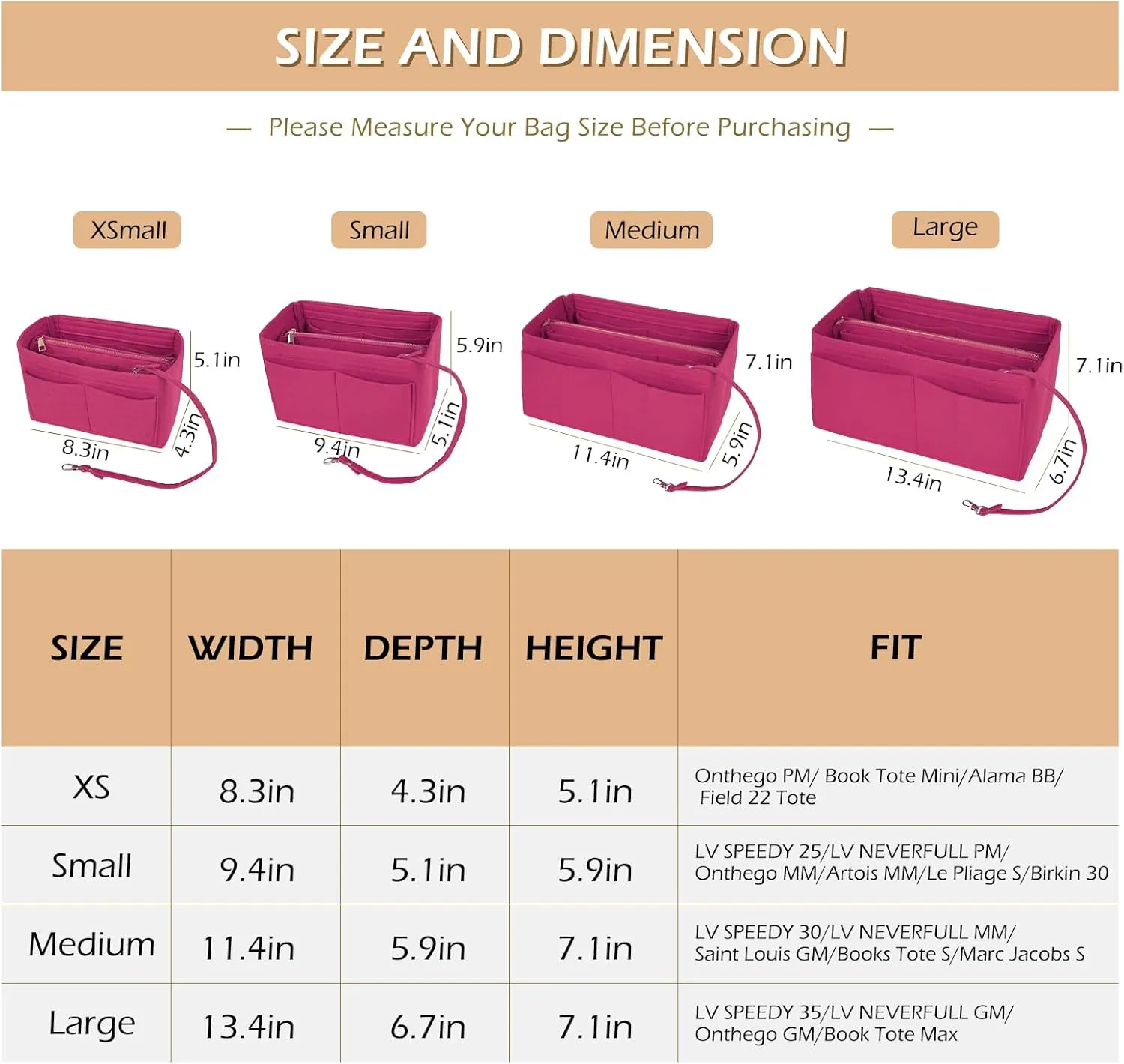 Surblue Purse Organizer Insert for Handbags, Felt Bag Organizer, Tote Bag Organizer, Tote Shaper Insert With Zippers, Thicken and Portable Handbag in Bag for Speedy Neverfull PM MM, (Rose, S)