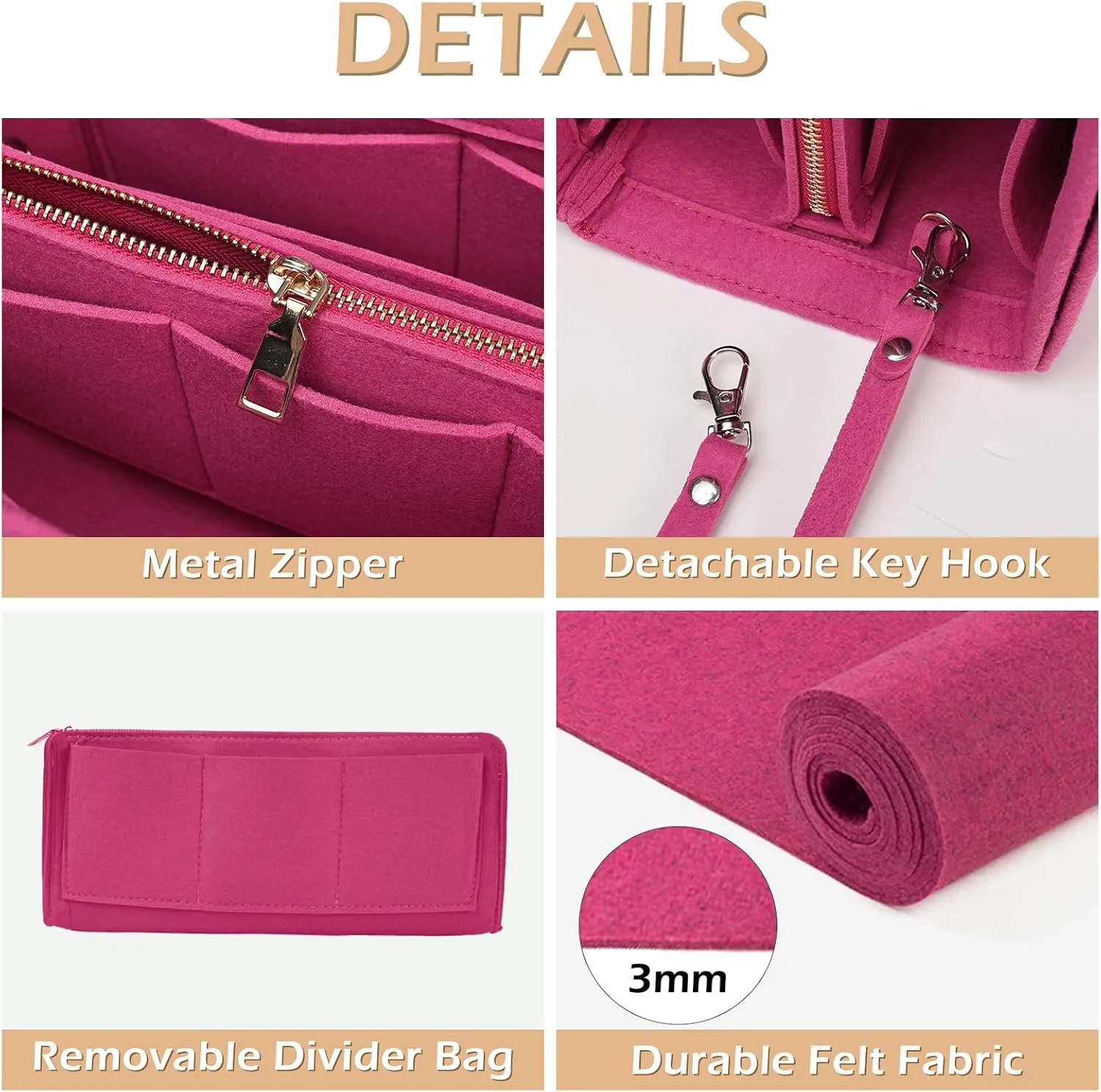 Surblue Purse Organizer Insert for Handbags, Felt Bag Organizer, Tote Bag Organizer, Tote Shaper Insert With Zippers, Thicken and Portable Handbag in Bag for Speedy Neverfull PM MM, (Rose, S)