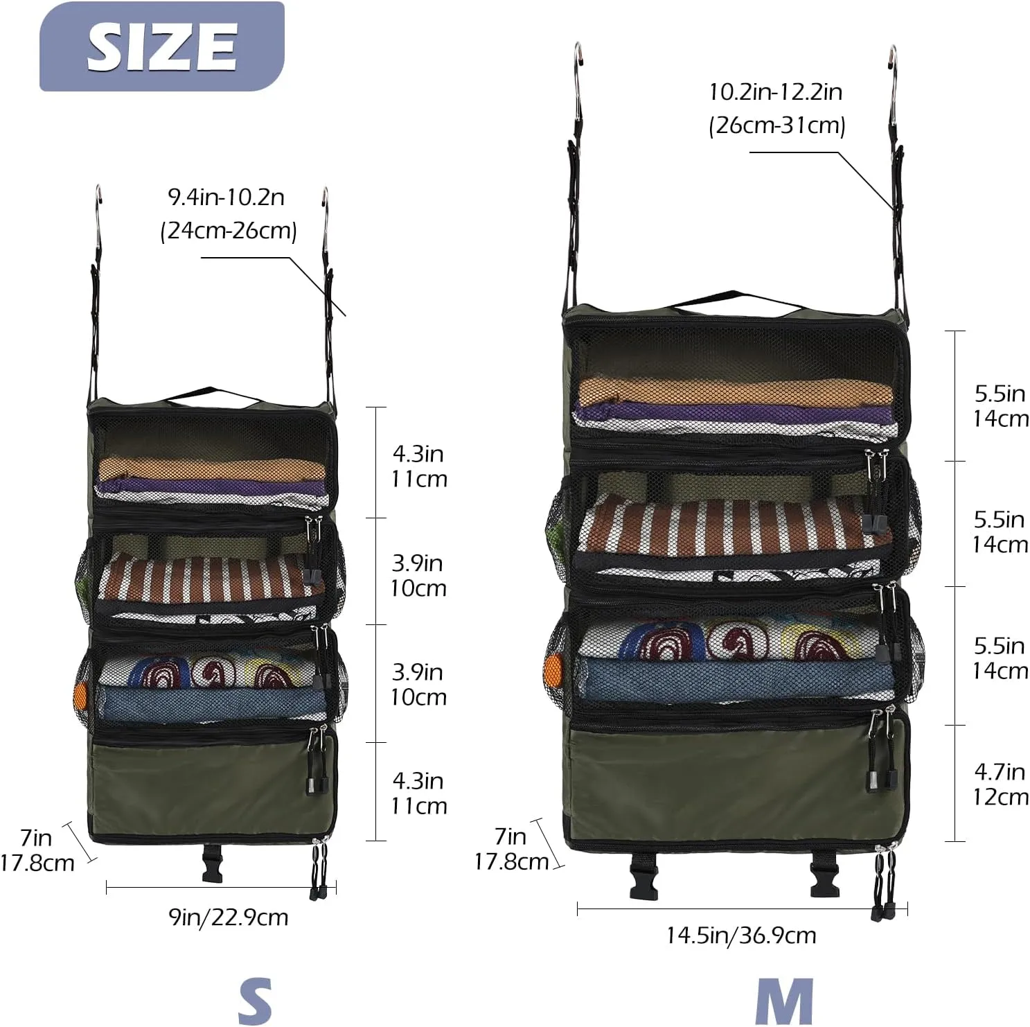Surblue Travel Hanging Luggage Organizer Portable Suitcase Closet Organizer Multiple Compartments Collapsible Compression Packing Cubes Shelf, Green, S