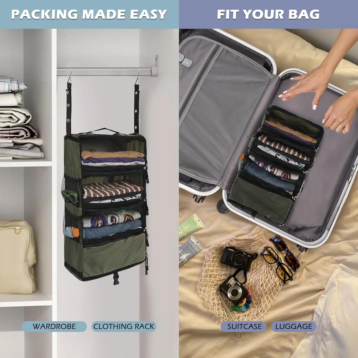 Surblue Travel Hanging Luggage Organizer Portable Suitcase Closet Organizer Multiple Compartments Collapsible Compression Packing Cubes Shelf, Green, S