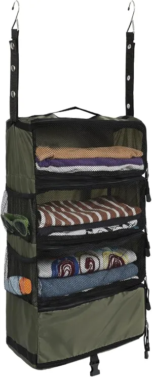 Surblue Travel Hanging Luggage Organizer Portable Suitcase Closet Organizer Multiple Compartments Collapsible Compression Packing Cubes Shelf, Green, S