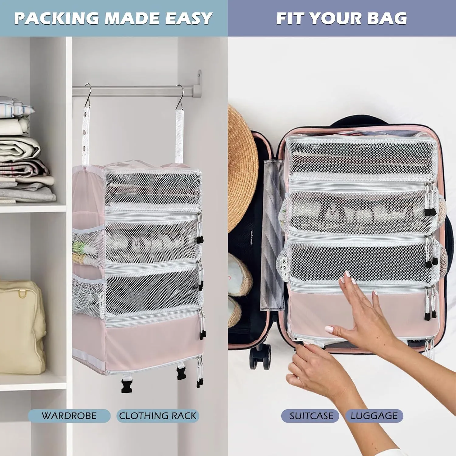 Surblue Travel Hanging Luggage Organizer Portable Suitcase Closet Organizer Multiple Compartments Collapsible Compression Packing Cubes Shelf, Pink, M