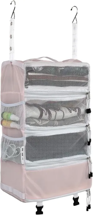Surblue Travel Hanging Luggage Organizer Portable Suitcase Closet Organizer Multiple Compartments Collapsible Compression Packing Cubes Shelf, Pink, M
