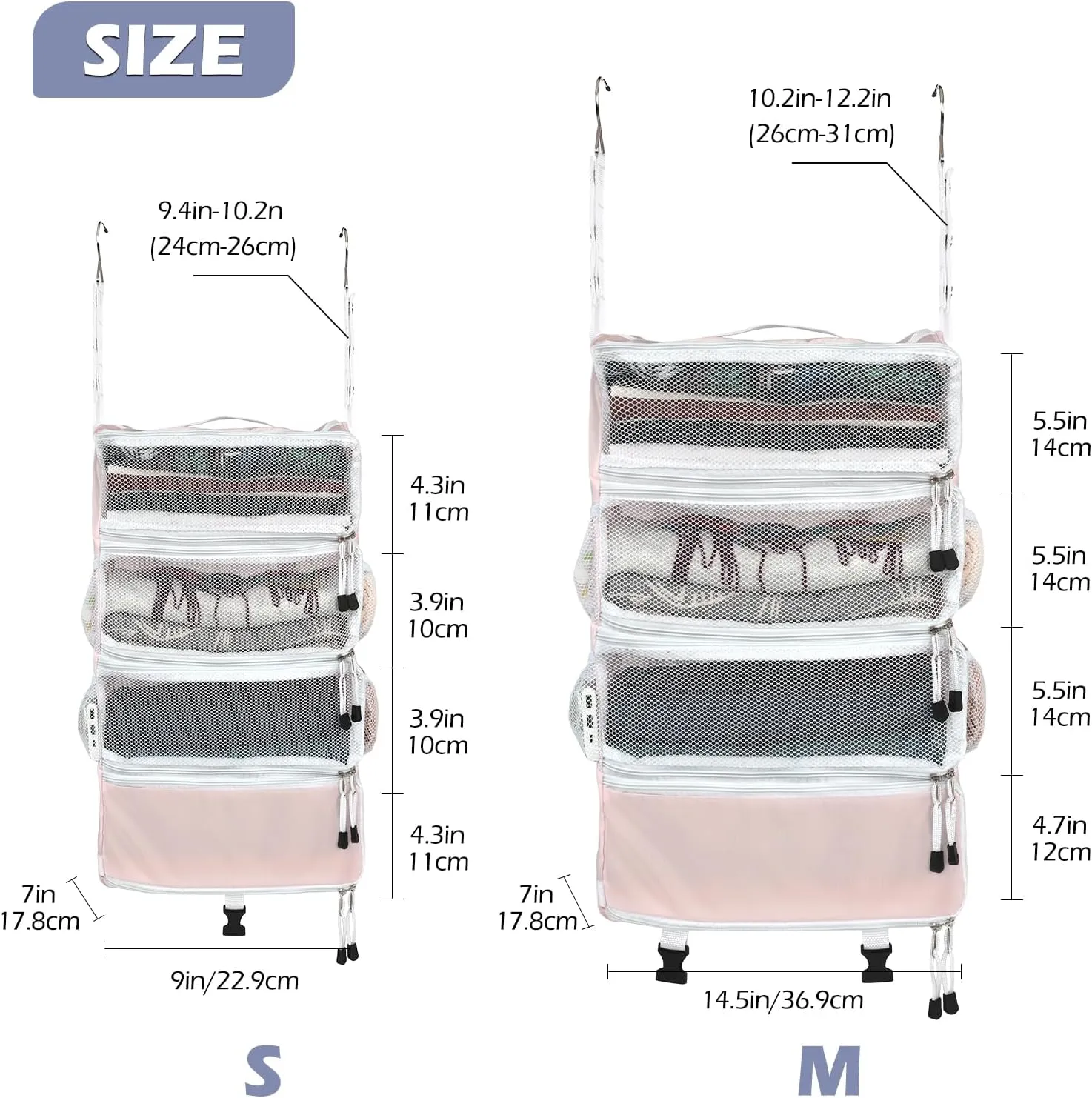 Surblue Travel Hanging Luggage Organizer Portable Suitcase Closet Organizer Multiple Compartments Collapsible Compression Packing Cubes Shelf, Pink, M
