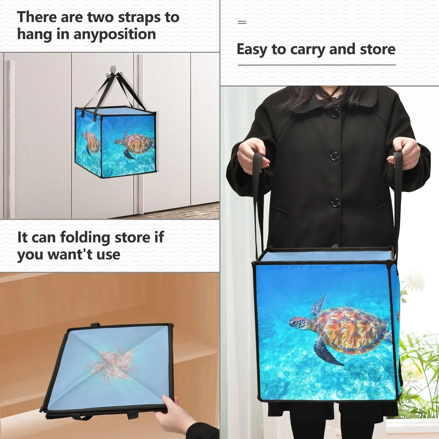 susiyo Laundry Bag with Handles Green Sea Turtle in Shallow Seawater Collapsible Dirty Clothes Baskets for Bathroom Dorm - 13inch