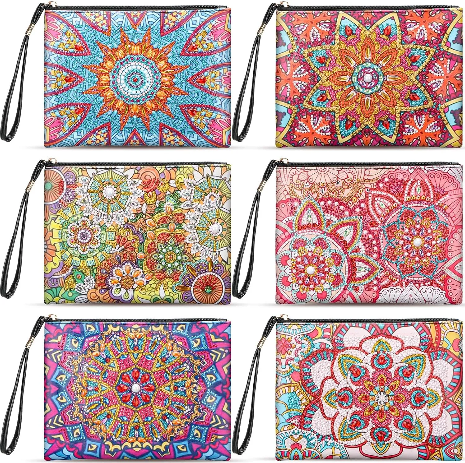 Sweetude 6 Pcs Mandala Diamond Painting Clutch Purses DIY Diamond Painting Bags Rhinestone Stitch Cross Body Handbag 5D Handmade Arts Craft Makeup Zipper Shoulder Bag for Women Christmas Gift