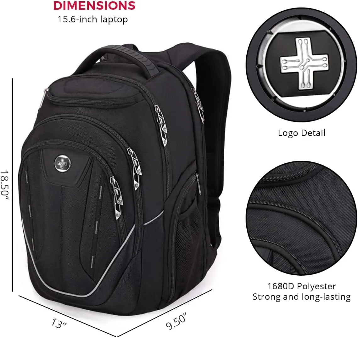 Swissdigital Design Large Travel Backpack For Men, TSA-Friendly Business Laptop Backpack, USB Charging Port，RFID Protection Tech Backpack Fits 15.6Inch Laptop Black/Grey | J16BTF-02