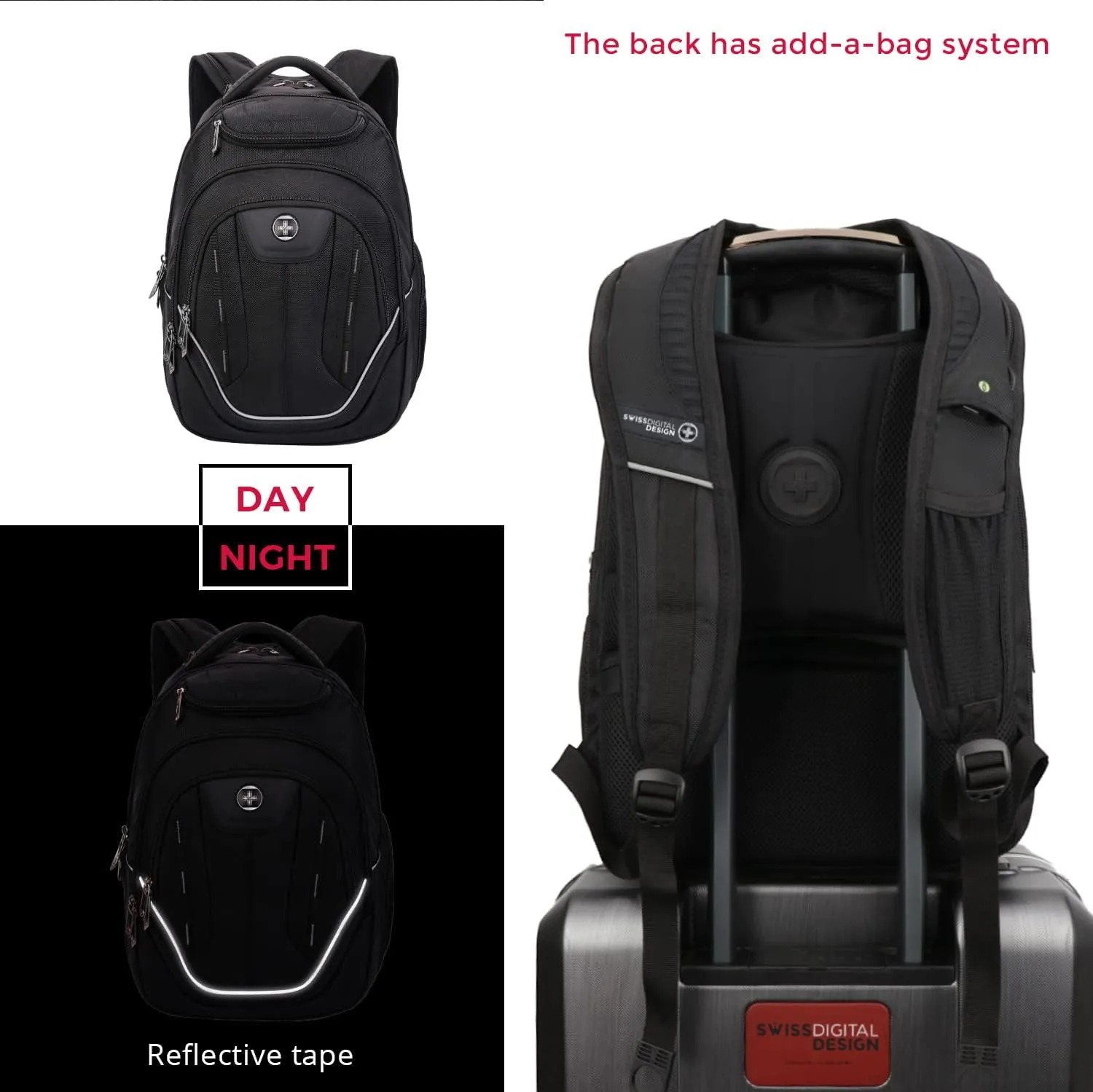 Swissdigital Design Large Travel Backpack For Men, TSA-Friendly Business Laptop Backpack, USB Charging Port，RFID Protection Tech Backpack Fits 15.6Inch Laptop Black/Grey | J16BTF-02