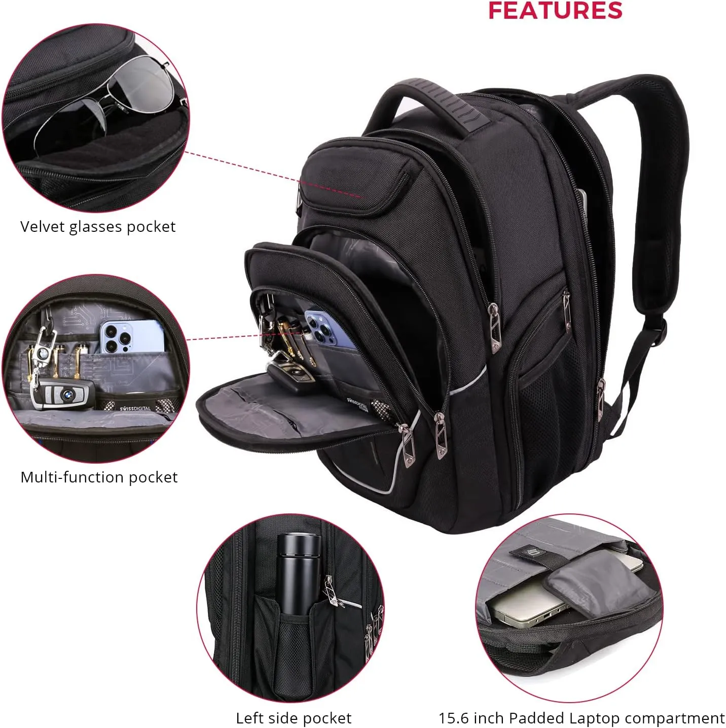 Swissdigital Design Large Travel Backpack For Men, TSA-Friendly Business Laptop Backpack, USB Charging Port，RFID Protection Tech Backpack Fits 15.6Inch Laptop Black/Grey | J16BTF-02