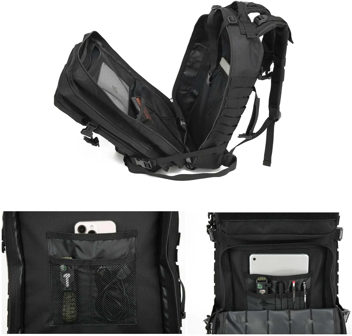 Tactical Military Backpack Gym Bags for Men, 45L Large Capacity MOLLE Backpacks Daypack 3-Day Assault Pack Bug Out Bag for Rucking Hiking Fishing Camping Hunting(Black)