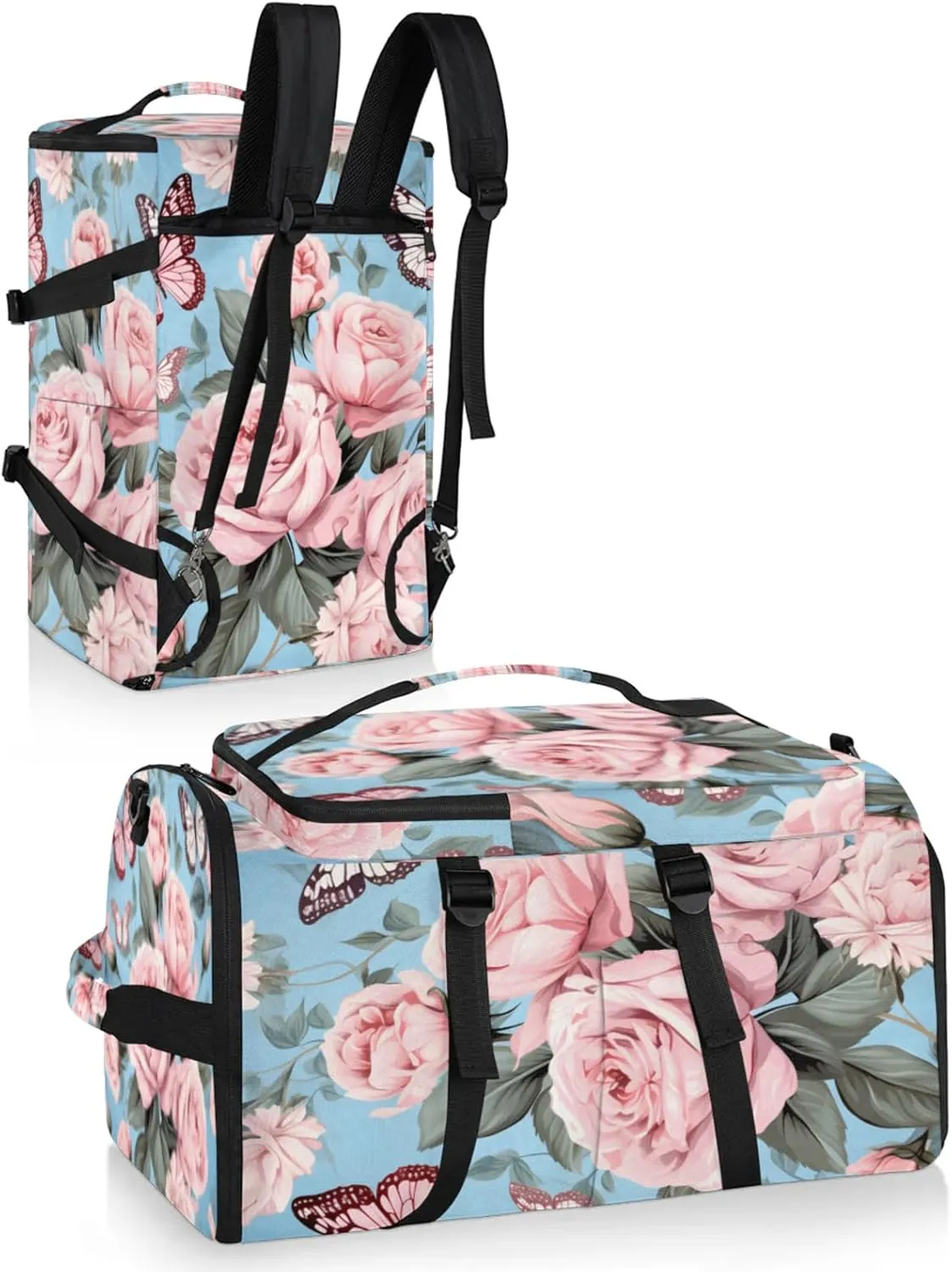 Tactical Sports Duffle Bag for Travel Waterproof Gym Bag with Shoe Compartment 48L Carry On Luggage for Men & Women 3-in-1 Durable Travel Luggage Butterfly Roses