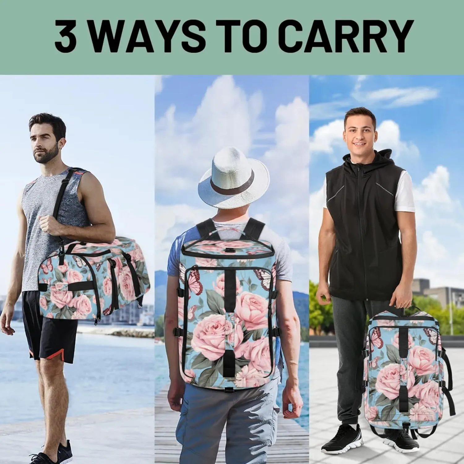 Tactical Sports Duffle Bag for Travel Waterproof Gym Bag with Shoe Compartment 48L Carry On Luggage for Men & Women 3-in-1 Durable Travel Luggage Butterfly Roses