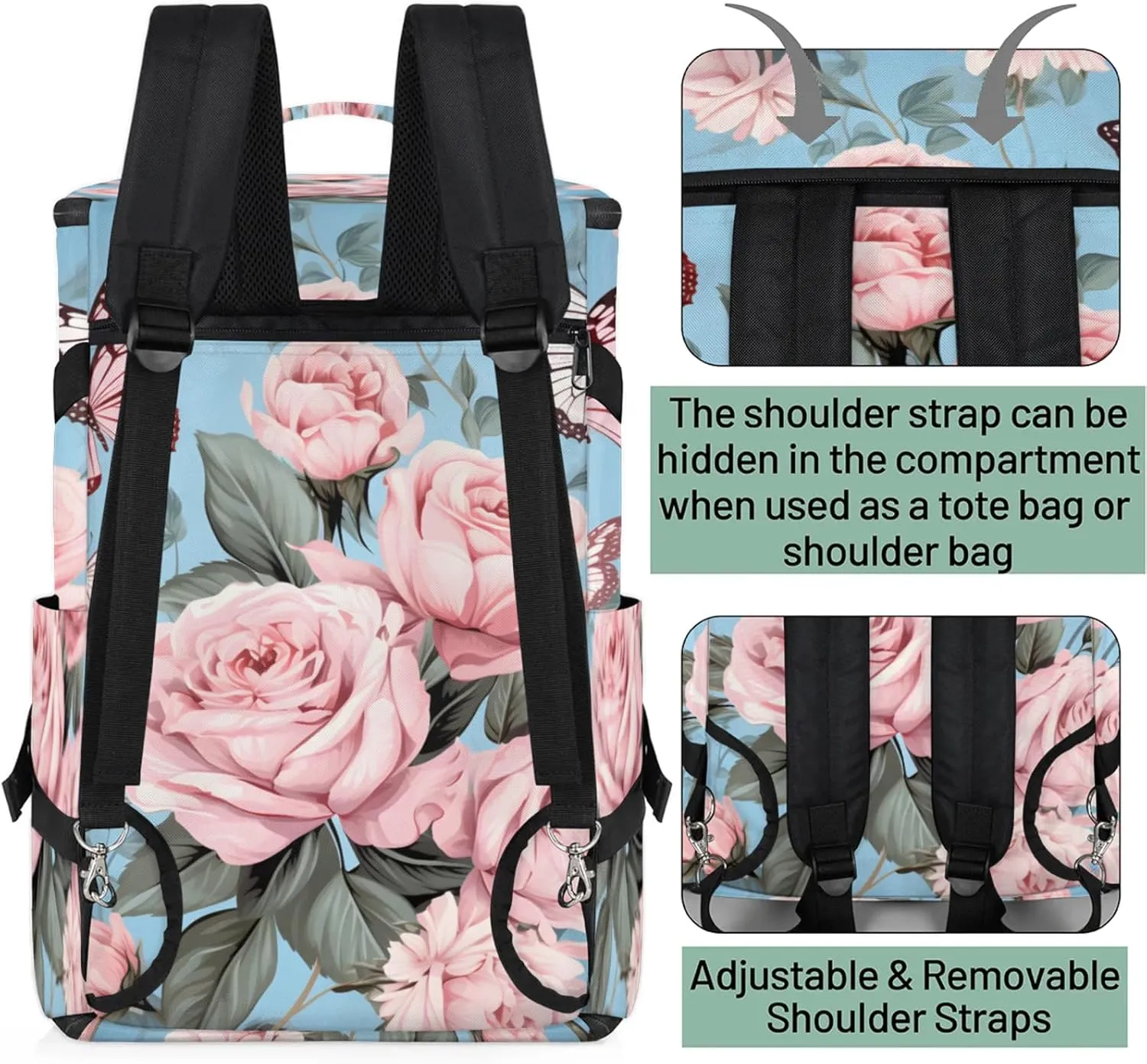 Tactical Sports Duffle Bag for Travel Waterproof Gym Bag with Shoe Compartment 48L Carry On Luggage for Men & Women 3-in-1 Durable Travel Luggage Butterfly Roses