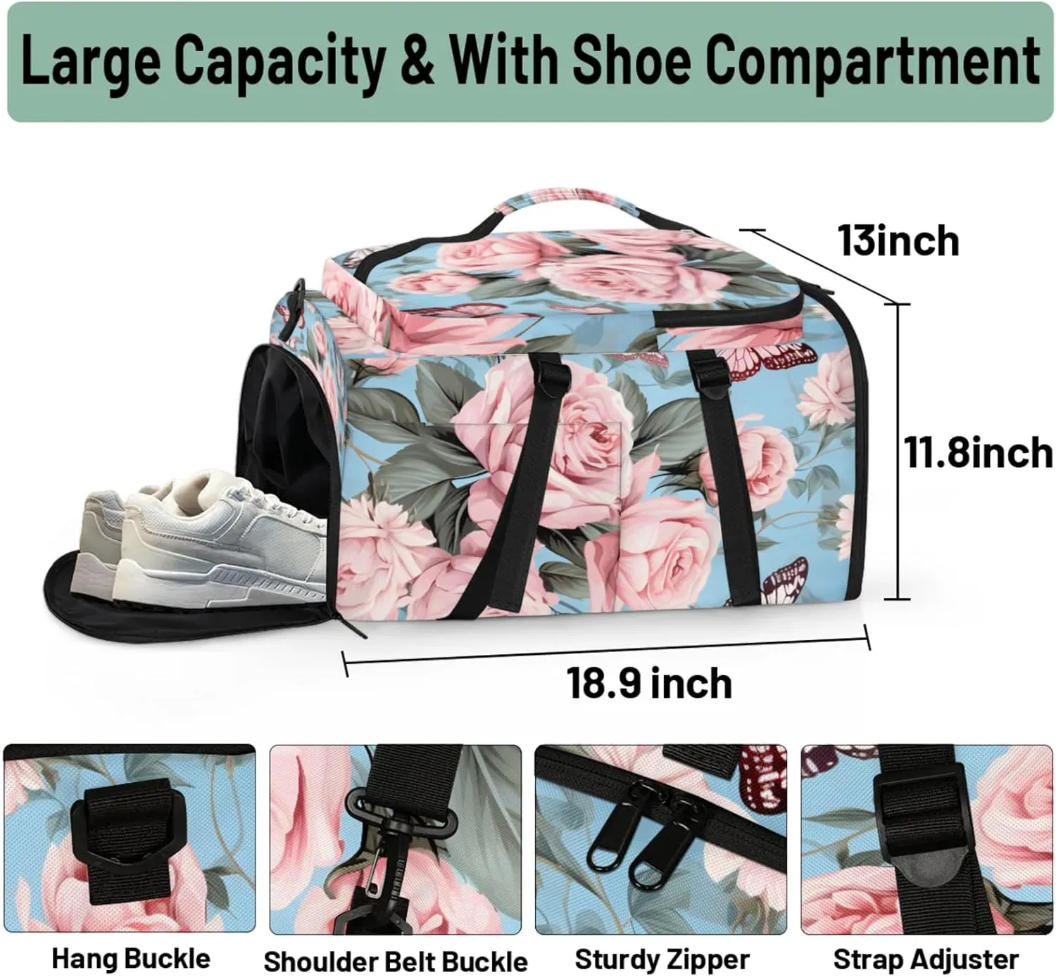 Tactical Sports Duffle Bag for Travel Waterproof Gym Bag with Shoe Compartment 48L Carry On Luggage for Men & Women 3-in-1 Durable Travel Luggage Butterfly Roses
