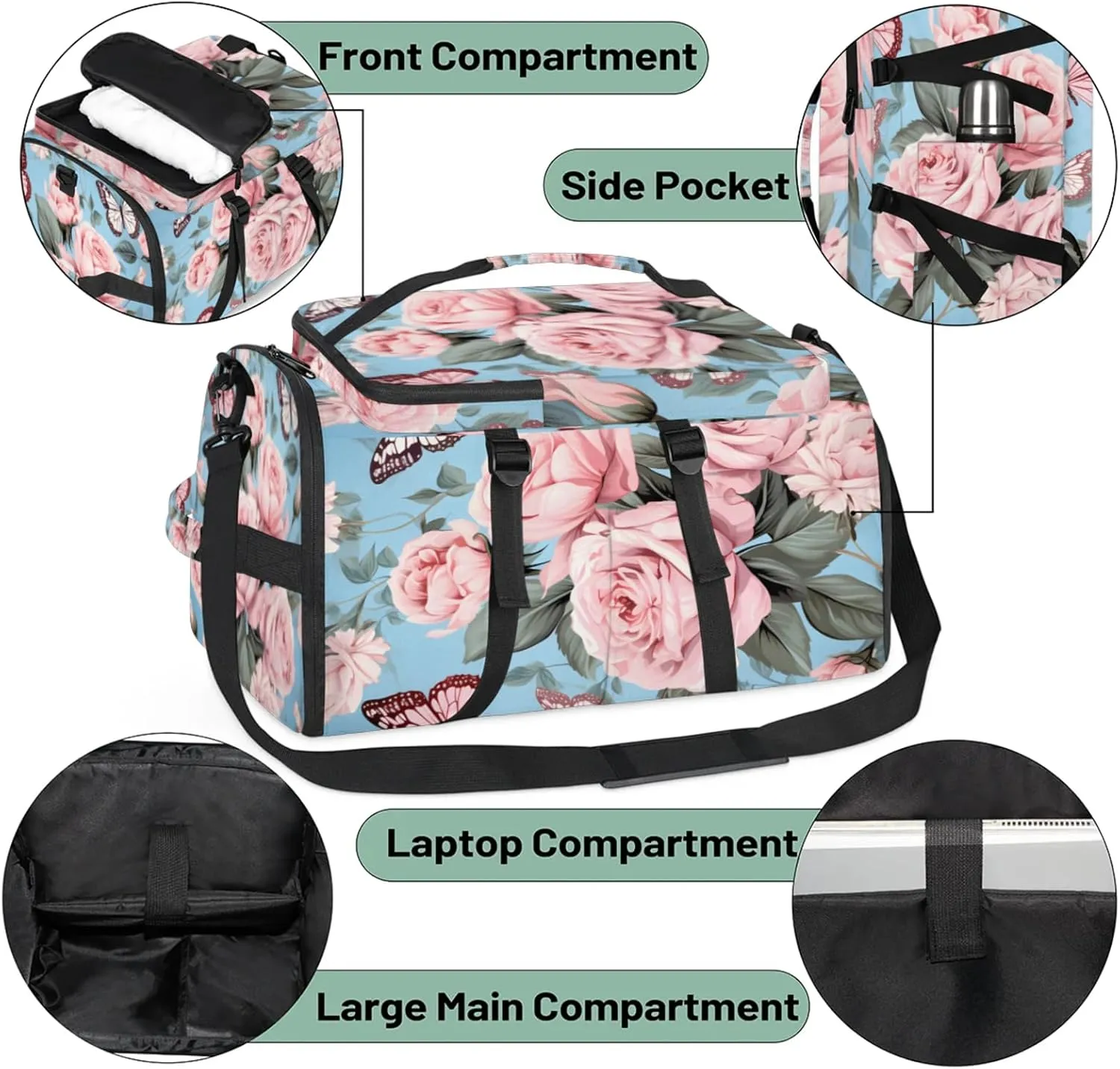 Tactical Sports Duffle Bag for Travel Waterproof Gym Bag with Shoe Compartment 48L Carry On Luggage for Men & Women 3-in-1 Durable Travel Luggage Butterfly Roses