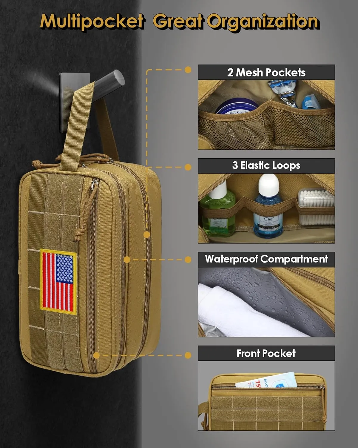 TACTICISM Toiletry Bag for Men - Dry Wet Separate Hygiene Bag Travel Toiletry Bag, Tactical Molle Dopp Kit for Men with Large Capacity, Water-Resistant Shaving Bag for Adult Women for Travel, Brown