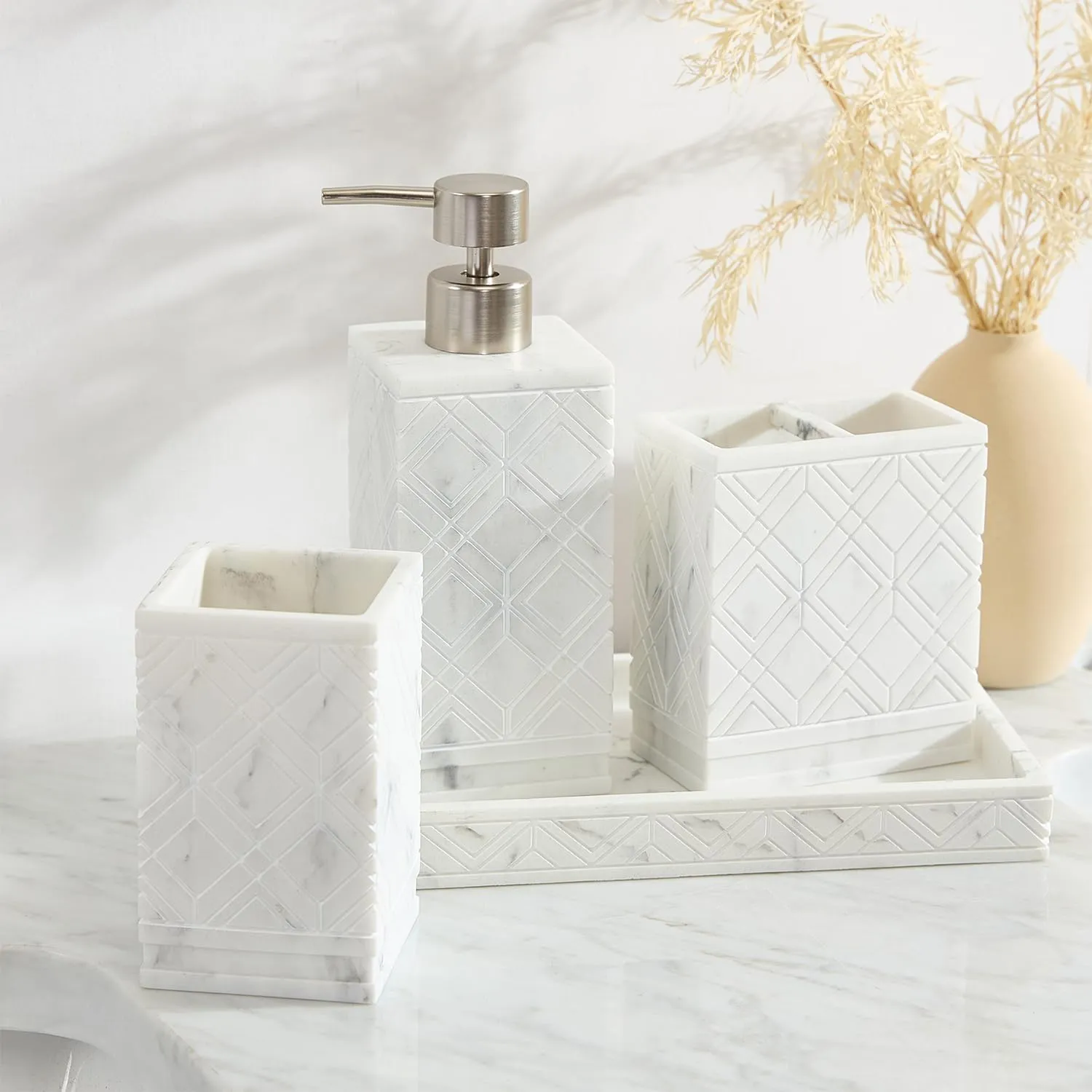 Tahari Home - Bathroom Set, Resin Countertop Accessories, Includes Toothbrush Holder, Tumbler, Vanity Tray & Lotion Pump, Marble Textured Diamond (Claudia White, 4-Piece)