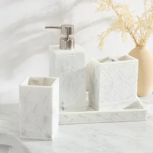 Tahari Home - Bathroom Set, Resin Countertop Accessories, Includes Toothbrush Holder, Tumbler, Vanity Tray & Lotion Pump, Marble Textured Diamond (Claudia White, 4-Piece)