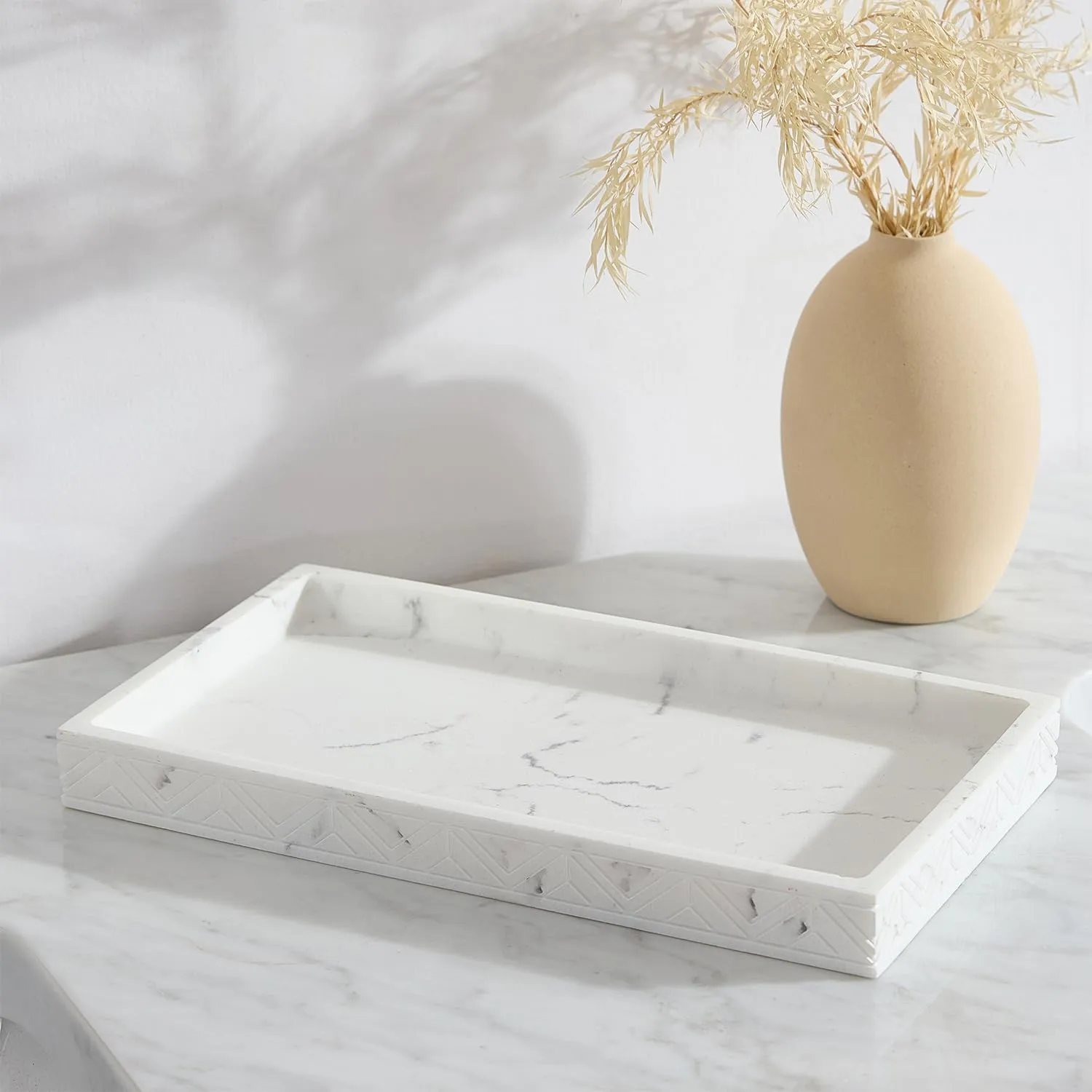 Tahari Home - Bathroom Set, Resin Countertop Accessories, Includes Toothbrush Holder, Tumbler, Vanity Tray & Lotion Pump, Marble Textured Diamond (Claudia White, 4-Piece)